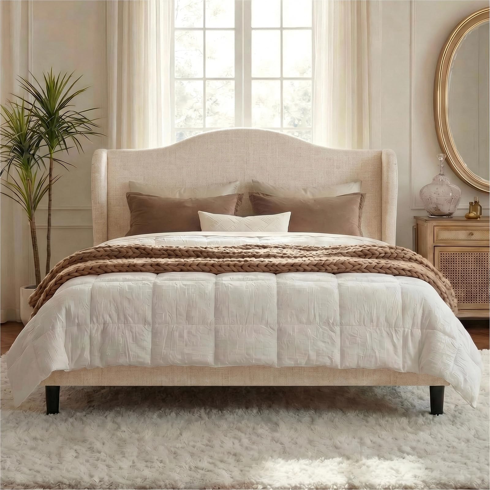 Allewie Full Size Bed Frame Chenille Wingback Beige