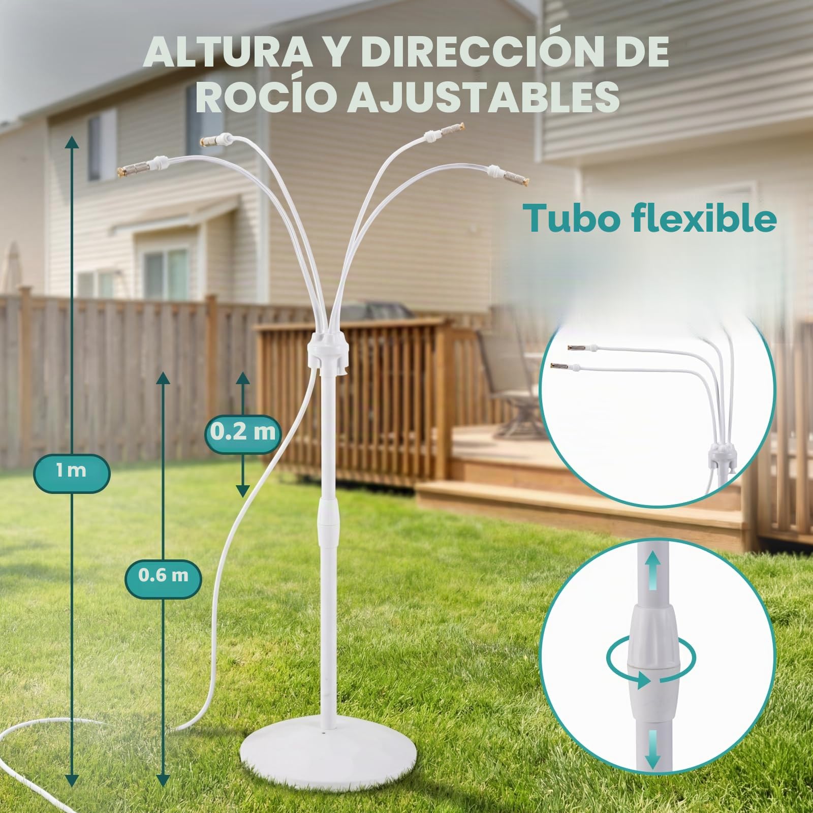 HIRALIY Nebulizador Terraza Exterior con Base Rellenable, Sistema Antivuelco para Jardín, Mascotas y Plantas, Altura Ajustable 60-97cm, Manguera 8m, Blanco