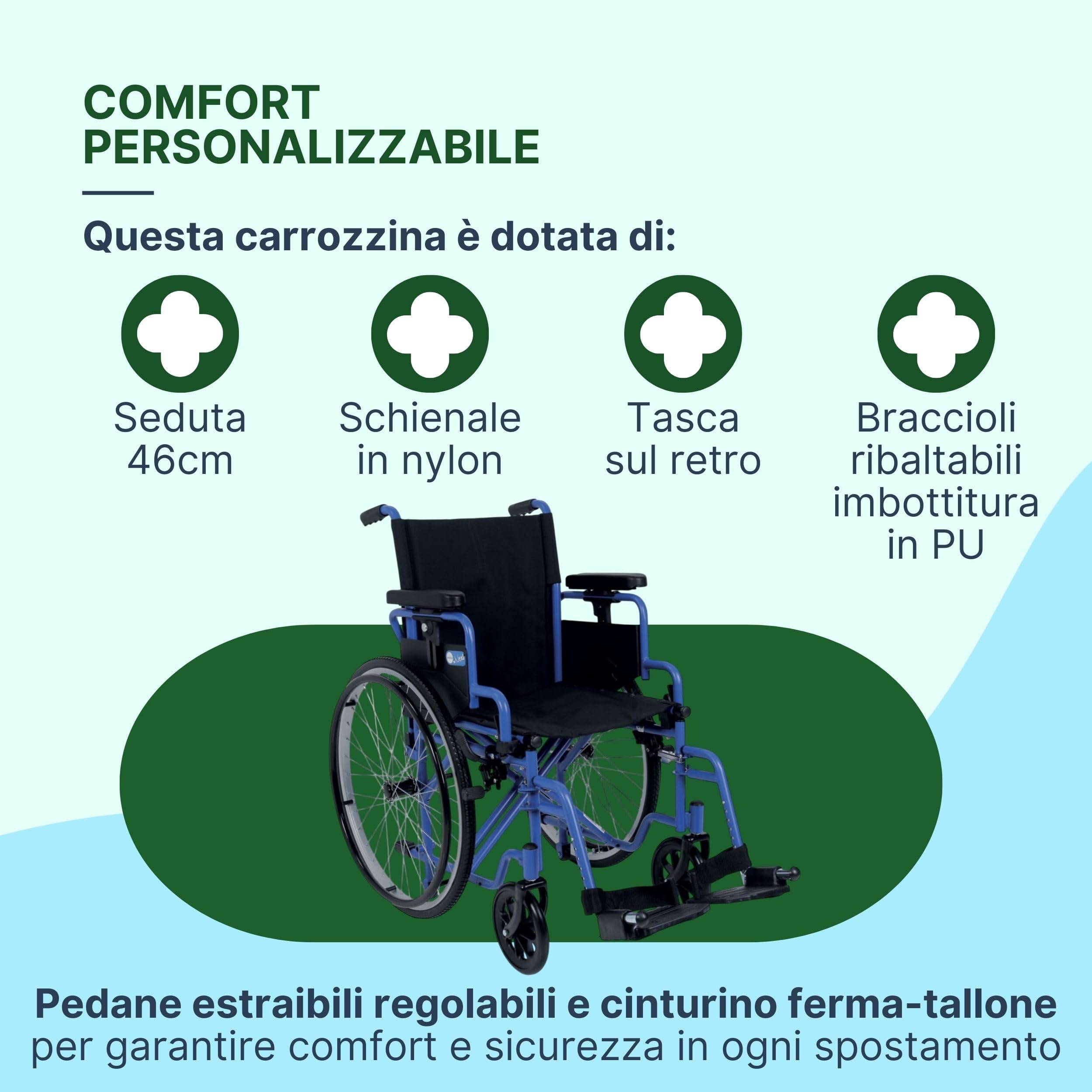 Sedia a Rotelle Pieghevole Leggera ad Autospinta, 46 cm, Blu | Carrozzina per Disabili Trasformabile in Transito, Crociera Doppia, Ruote a Sgancio Rapido, Braccioli Regolabili in Altezza