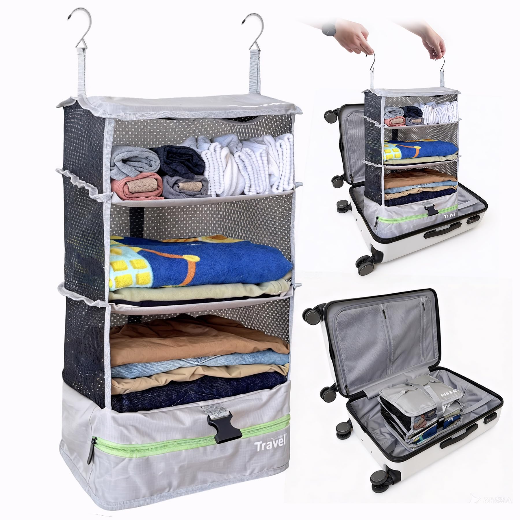 Grand Fusion Stow-N-Go Portable Hanging Travel Shelves, Packing Organizer for Luggage. Carry on Closet with Hanger for Clothes. Expandable Packing Cube. Travel Essentials, Light Gray - L
