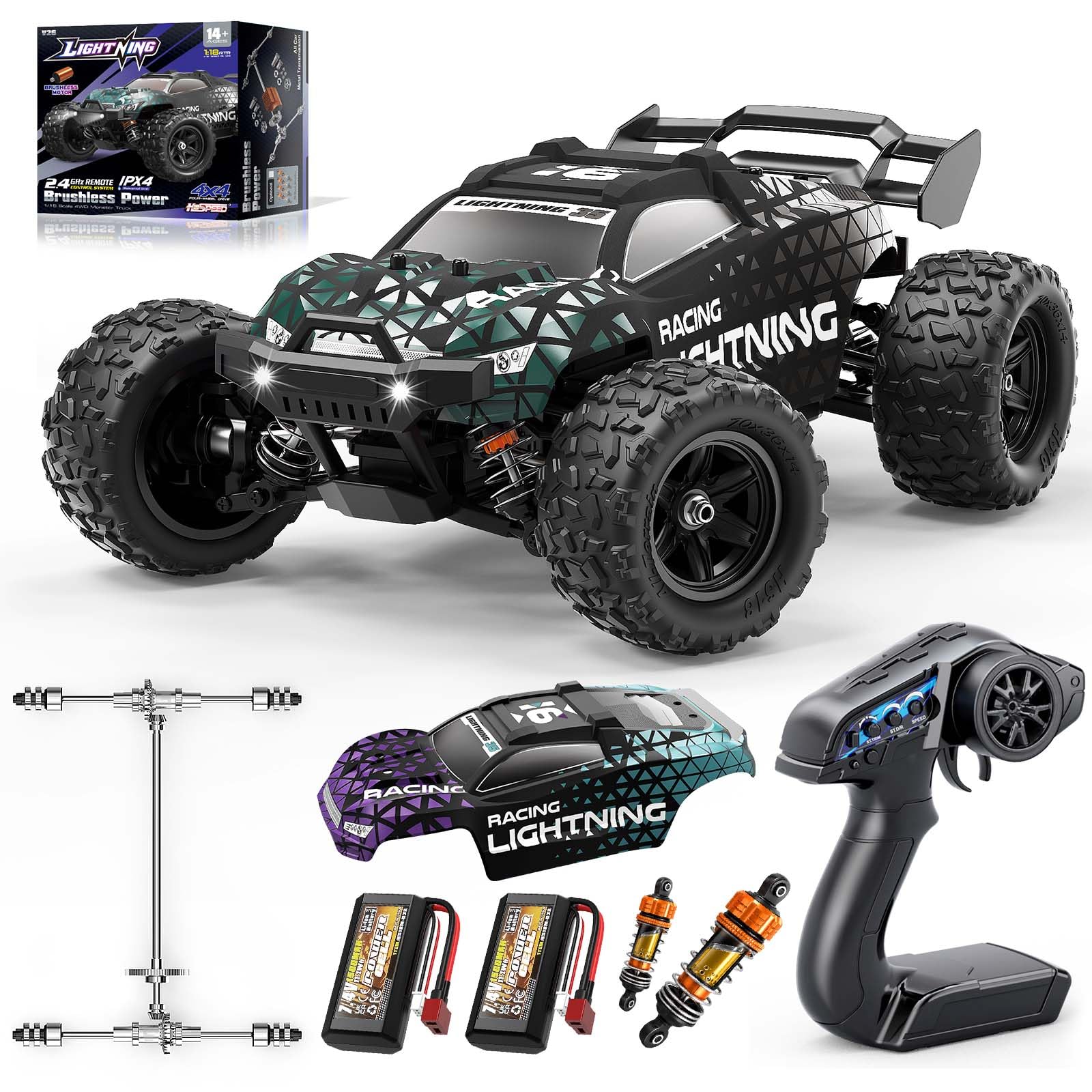 Macchina Telecomandata Brushless 1:18 4WD 52 km/h per Adulti e Bambini da 10 Anni, Auto RC Fuoristrada con Trasmissione Interamente in Metallo, Ammortizzatori ad Olio, 2 Batterie e 2 Carrozzerie