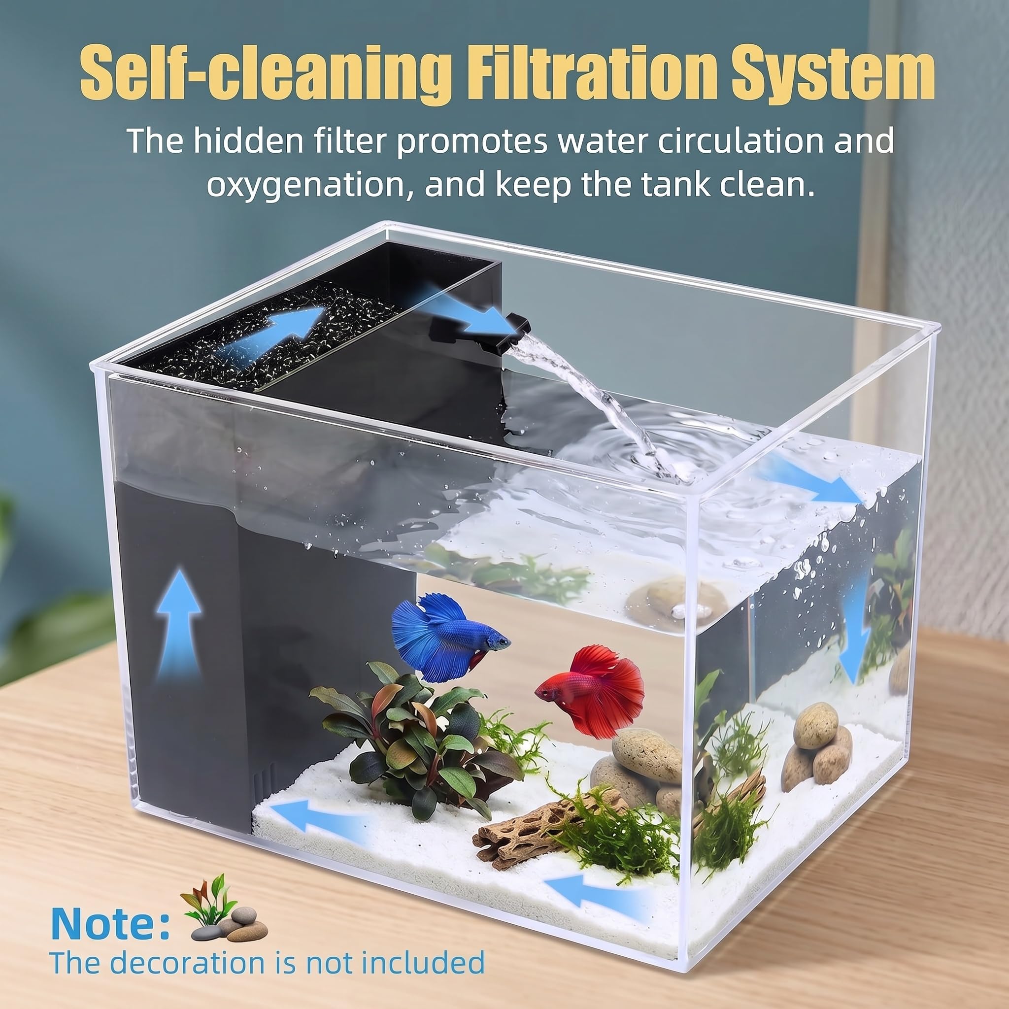 3,7L Acuarios pez Betta, Pequeña Acuario de Acrílico con Luz LED y Bomba de Filtro de Agua, Ideal para bettas y Peces Dorados, Bonita decoración del hogar