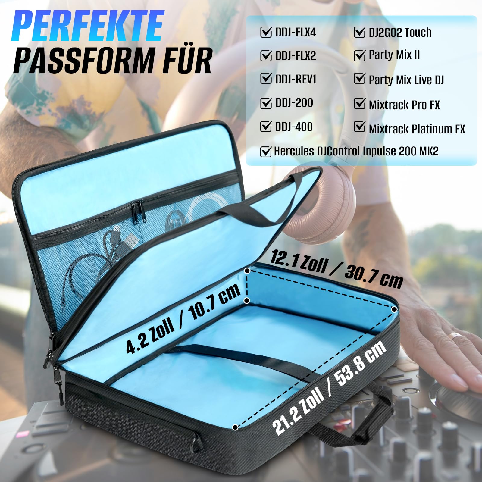 SUNDOY Bolsa de Transporte para DJ Compatible con Pioneer Controller – Maletín de Transporte a Prueba de Golpes con Correa para el Hombro y Compartimentos para Accesorios, Negro, 55x32x12-CM, Tejido