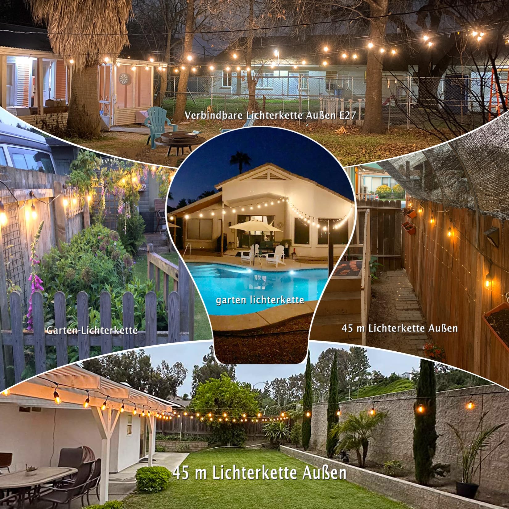 45M LED Lichterkette Außen,E27 Lichterkette Wasserdicht IP65 mit 48 Lampen | S14 Stromlichterkette außen mit 5,4 m langem Stromkabel,2700K Warmweiß für Garten Terrasse Hochzeiten [Energieklasse G]