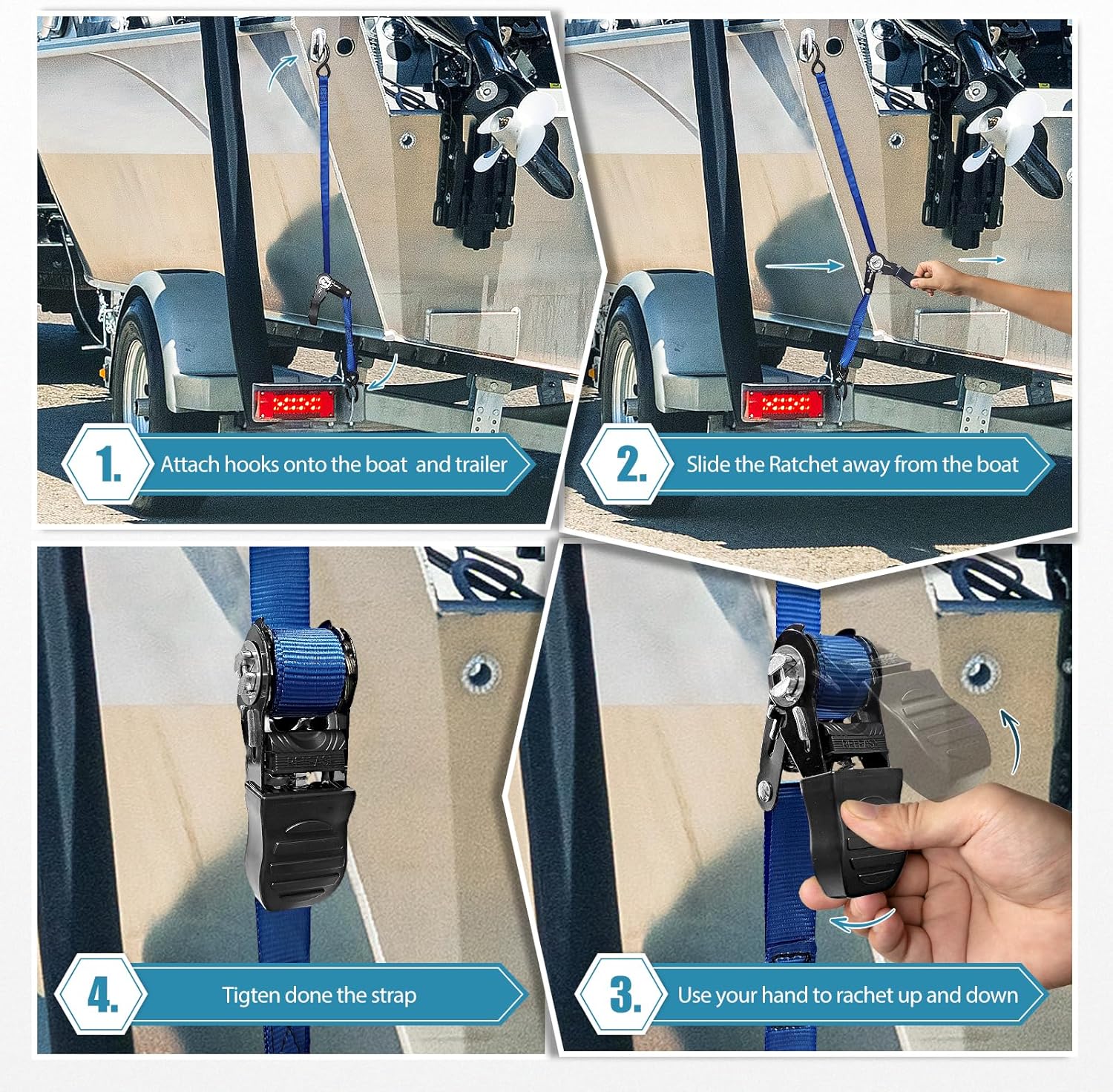 PAULINN Boat Trailer Tie-Downs Straps 1 Inch x 4 FT, 2400 LBS Heavy Duty Adjustable Transom Tie Down Straps Ratchet w/Quick Release Buckle & Anti-Scratch Hooks, for Trailer Marine Jet Ski Pontoon - Image 6