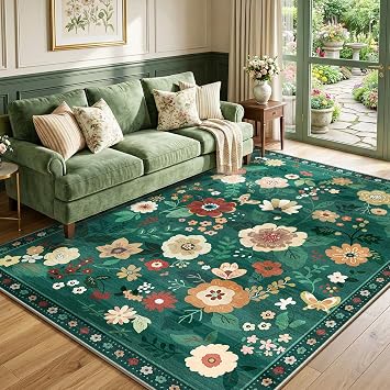 30% off: RELEANY Floral Washable 5x7 Area Rugs DarkGreen