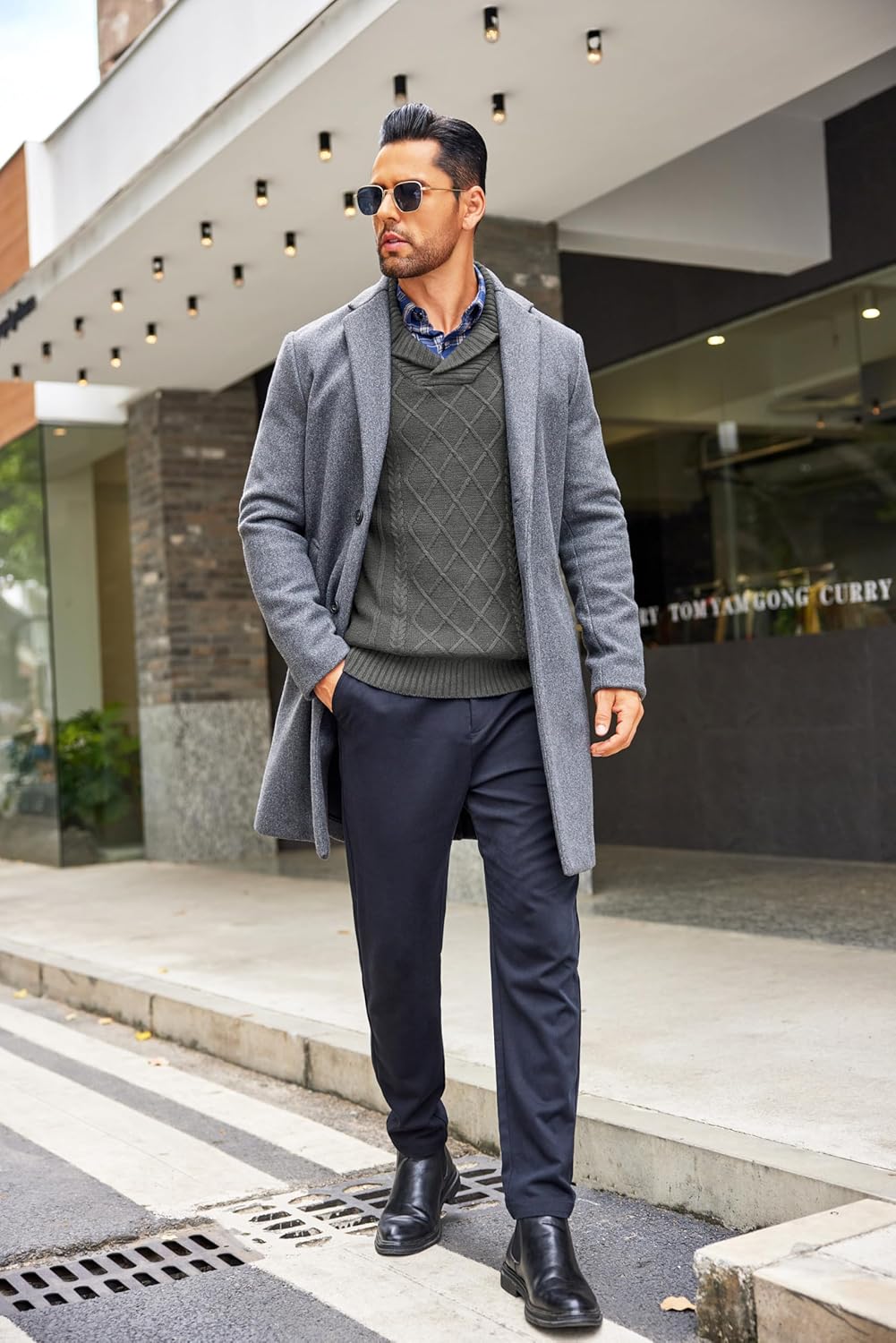 COOFANDY Men's Shawl Collar Sweaters V-Neck Relaxed Fit Cable Pullovers - Image 5