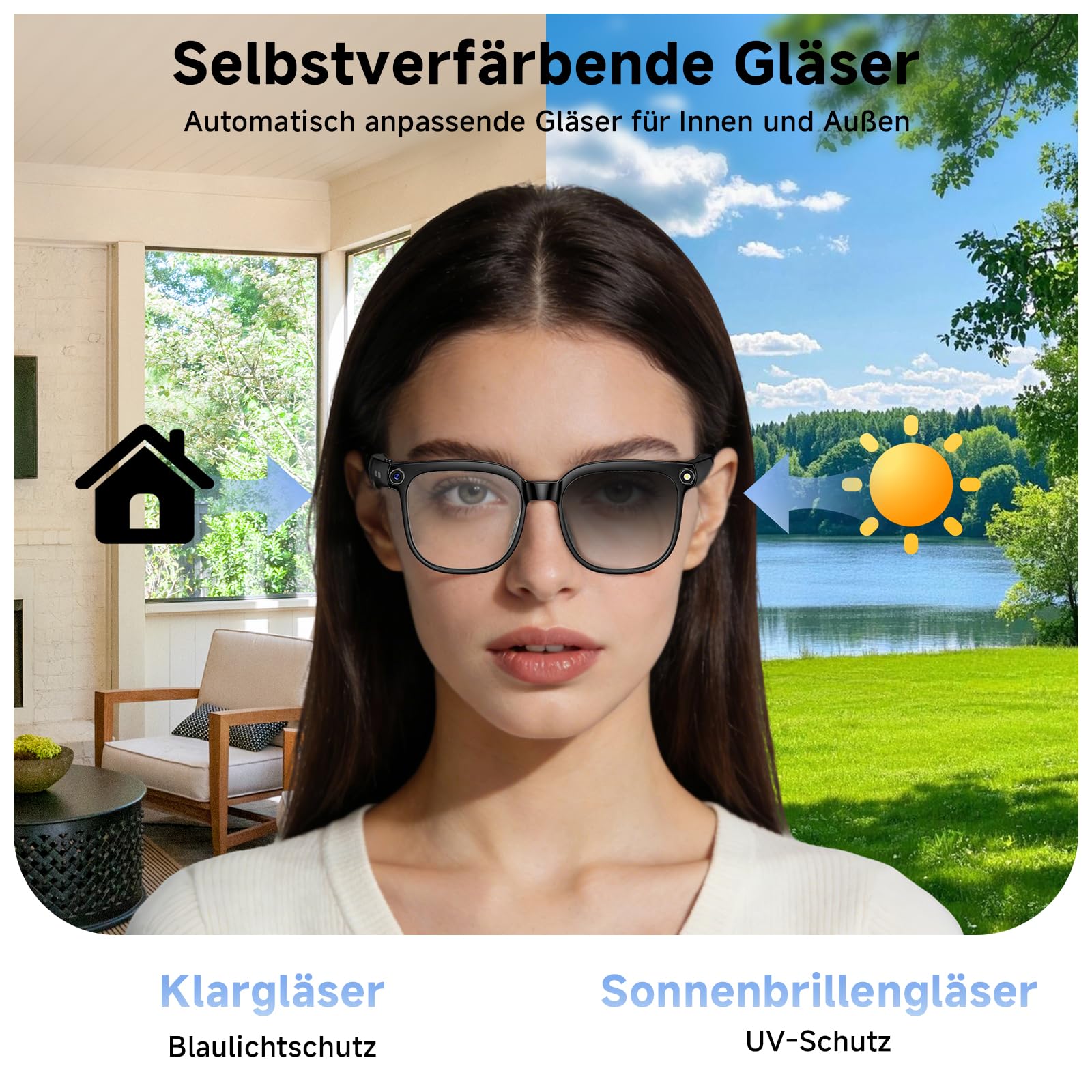 AI Smart Glasses, Brille mit 800 W Kamera, 2 Paare Brillengläser, 1080P HD Video und Audiorecording mit Bildstabilisierung, /Bluetooth-Anrufe/AI-Assistent/Echtzeitübersetzung