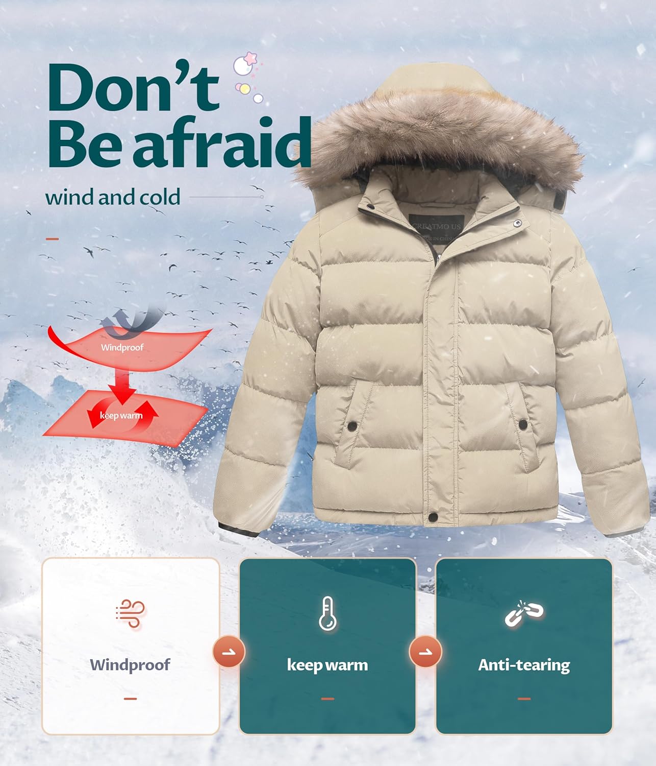 CREATMO US Boy's Water Resistant Winter Coats Warm Fleece Lined Outwear Windbreaker Ski Jacket - Image 5