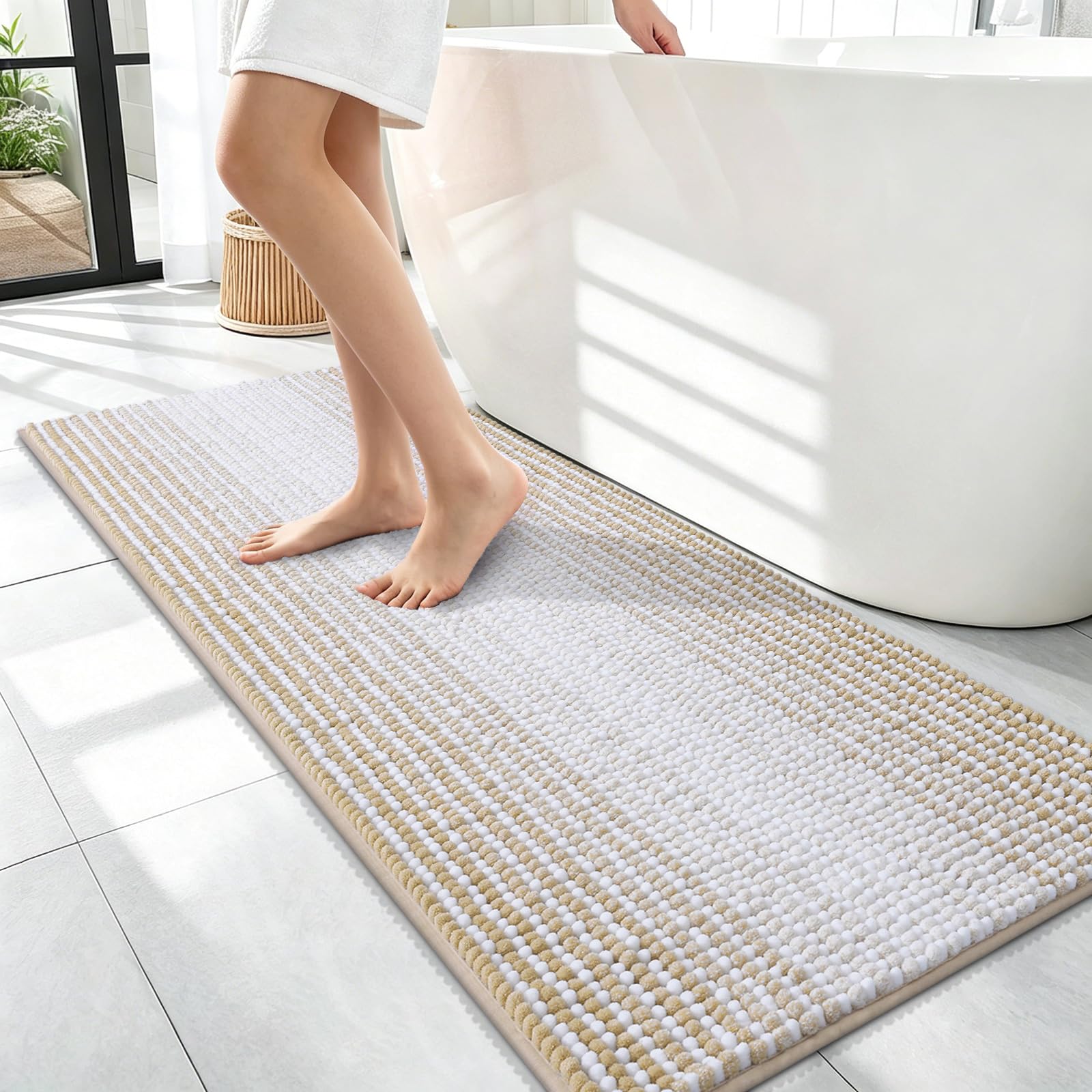 OLANLY Bathroom Runner Rugs 47x17, Soft Chenille Striped Bath Rugs, Beige