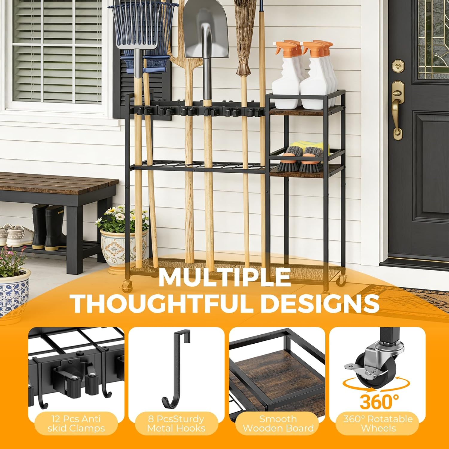 Broom Holder Cleaning Cart with Cleaning Supplies Organizer – 12 Grippers, 8 Hooks, 2 Mesh & 2 Board Racks, Large Grid Base, 4 Wheels – Rolling Storage for Home Laundry Room Organization