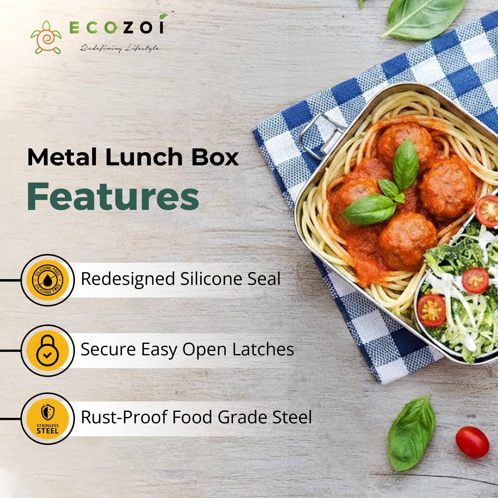 Ecozoi Stainless Steel Lunch Box - Leak Proof & BPA Free -3