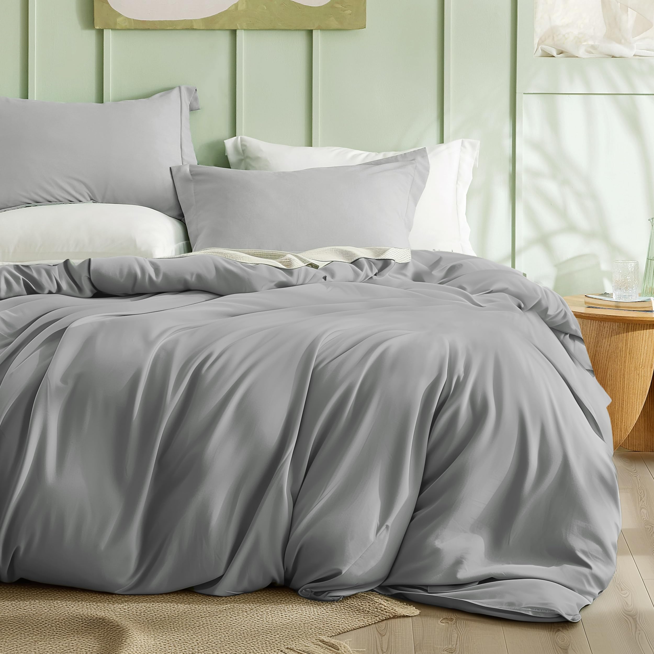 Bedsure Grey Duvet Cover King Size - Polyester & Rayon Derived from Bamboo Cooling King Duvet Cover Set, 3 Pieces, 1 Zipper Closure Duvet Cover (104"x90") & 2 Pillow Shams, Comforter Sold Separately