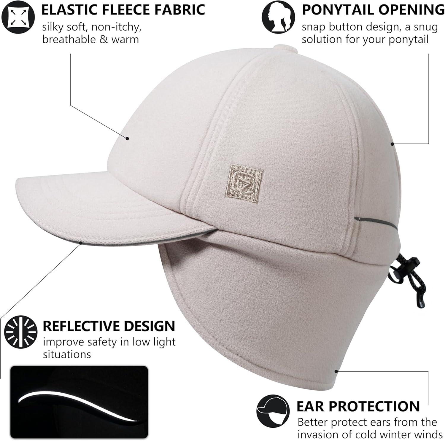 GADIEMKENSD Women's Fleece Ponytail Hat - Reflective Winter Hat with Flip Down Ear Warmer, Vertical Ponytail Hole, Adjustable - Image 2