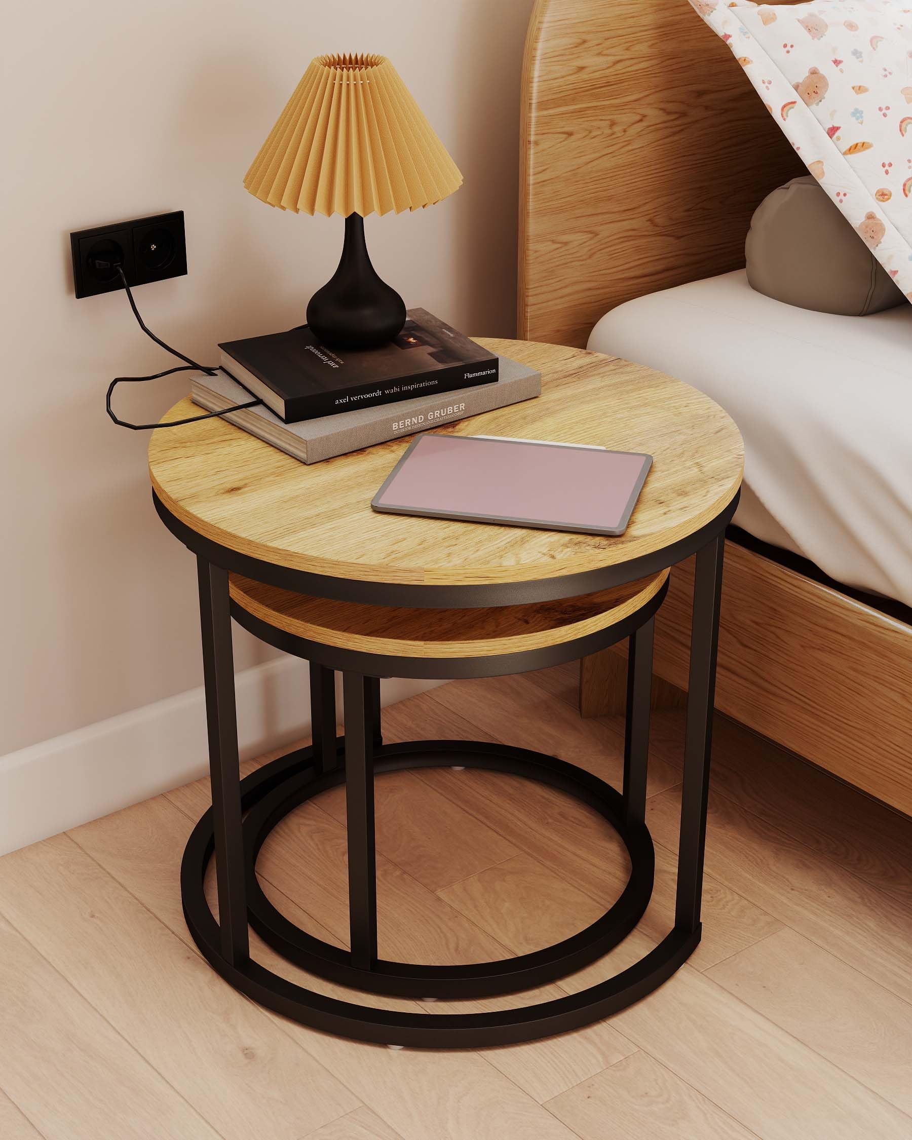 Set di 2 Tavolini da Salotto Sovrapponibili Rotondi Legno Tavolini Laterali da Salotto Incastro 50+40cm, Tavolino d'Appoggio Salvaspazio Accanto Divano Legno e Metallo