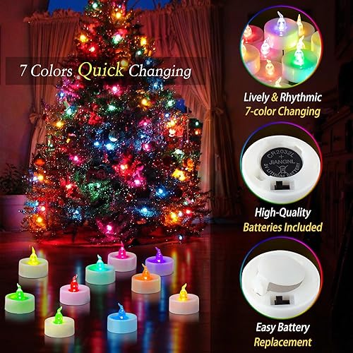Miniatura 4 de Yakpo Paquete de 24 velas de té LED que cambian de color, funciona con pilas, luces votivas eléctricas parpadeantes sin llama, velas LED coloridas a