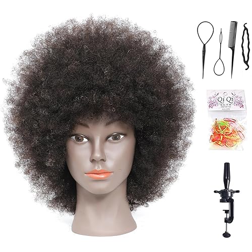 Davinona Training Head African American with 100% Human Hair Mannequin Head Cosmetology Afro Hair Manikin Head for Practice Styling Braiding with Free Clamp+Braid Sets (Natural Color) - Natural Color