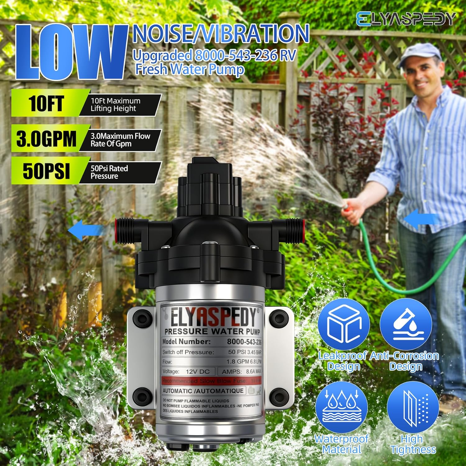 2026 Upgraded 8000-543-236 RV Fresh Water Pump, 12 V DC 1.8 GPM Self-Priming Diaphragm Water Pump, 108 GPH, 6.8 LPM, 50 PSI,Includes Pressure Switch and Detachable Filters,No Noise, for RV, Marine