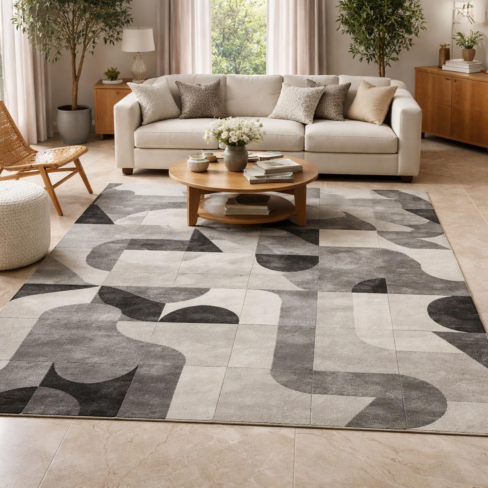 Tapis salon gris et blanc 200 x 250 cm à motif géométrique abstrait