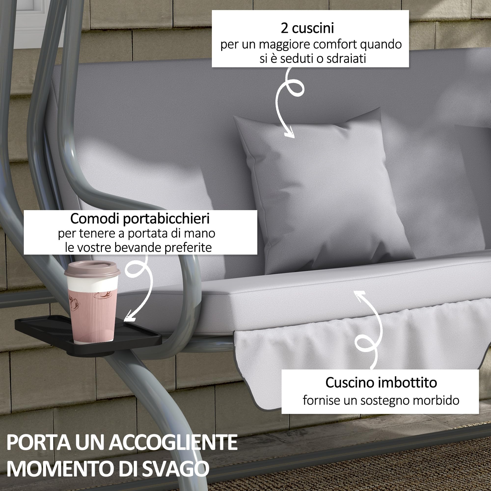 Outsunny Dondolo Letto da Giardino con Tettuccio Regolabile e Vassoi Portabicchieri, Dondolo da Giardino in Acciaio e Poliestere, 200x120x164 cm, Grigio