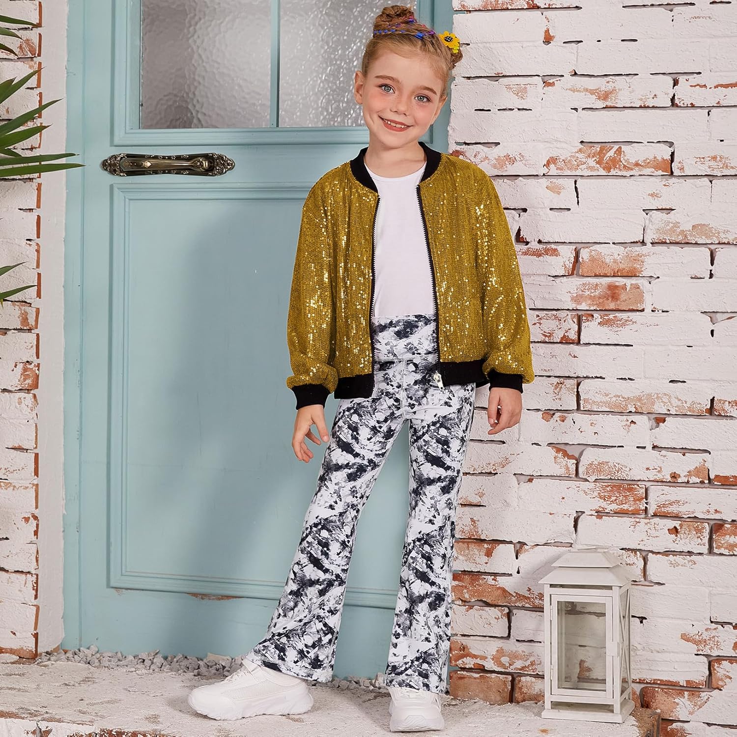 Mirawise Girls Sequin Jacket Kids Bomber Long Sleeve Zip Up Sparkle Clothes Dance Outfit with Pockets 6-13Y