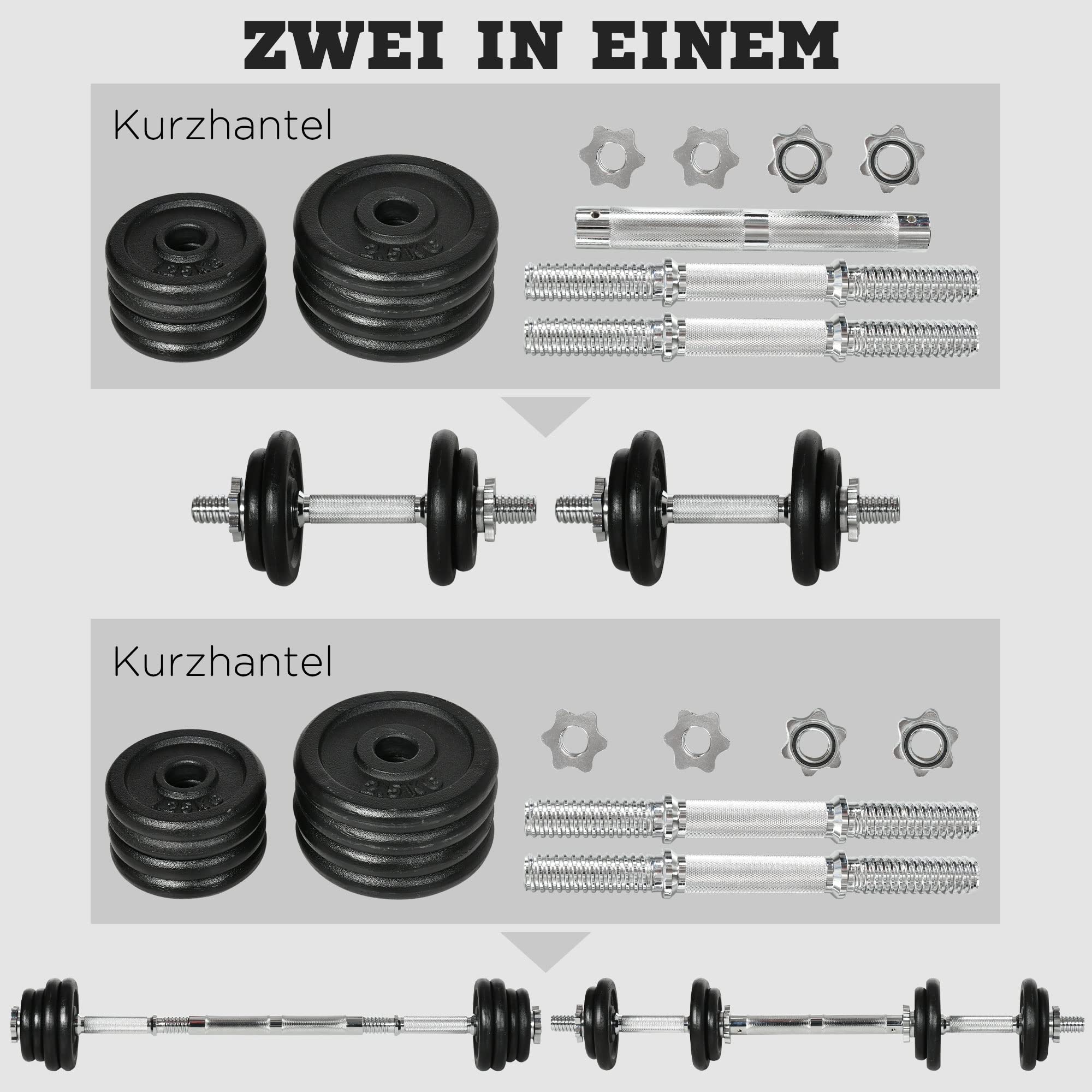 HOMCOM Hantelset 2er Verstellbar bis 20 KG mit Verbindungsrohr Dumbbell | Kurzhantel Set, 2 Kurzhanteln, Langhanteln, Hanteln Set, Kurzhantelset, Krafttraining, Zuhause, Fitnessstudio