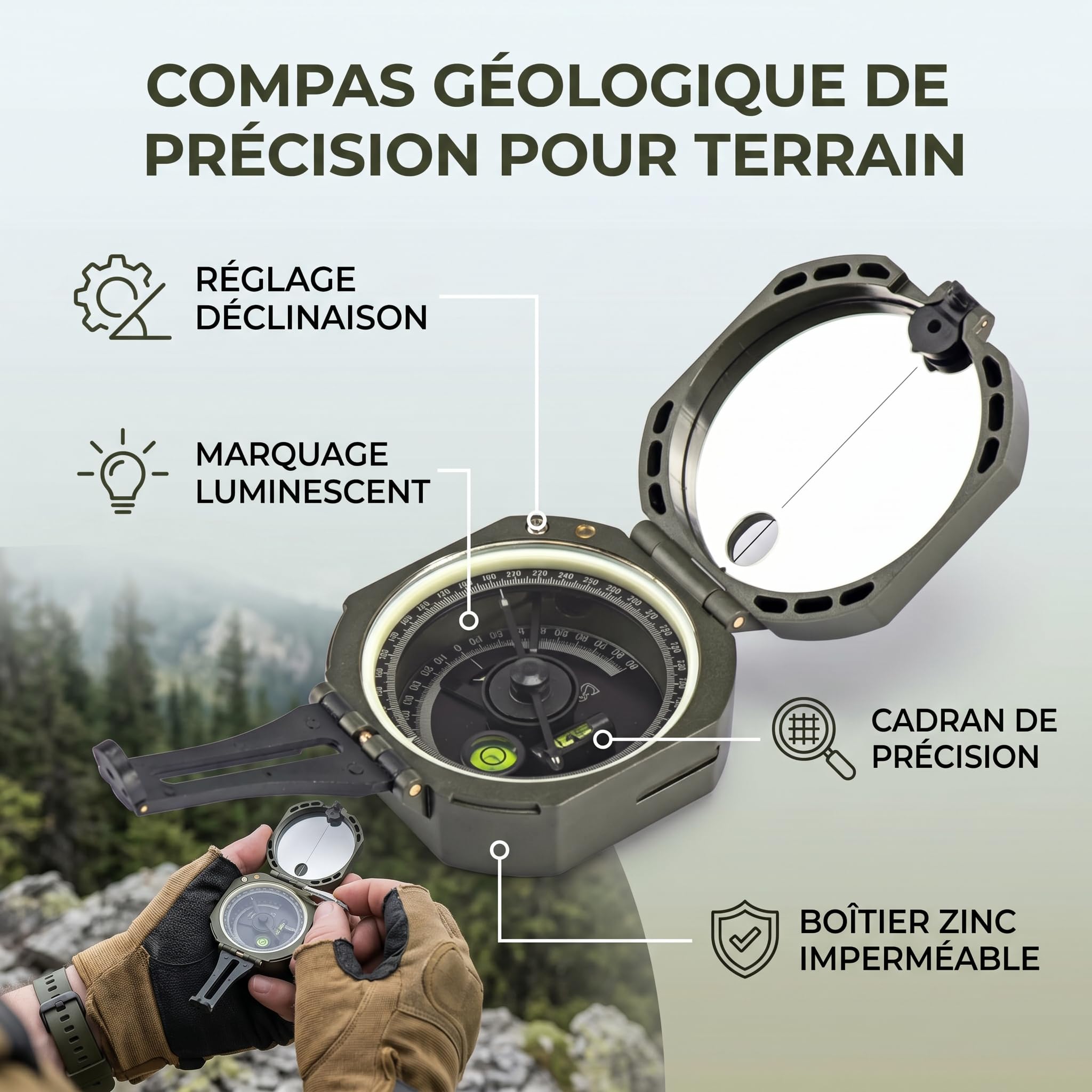 Boussole, Boussole de Visée, Boussoles Géologique de Poche Professionnelle de Haute Précision, Boussoles Randonnée avec Sac de Transport, Compass à Fluorescence étanche pour Camping Hiking