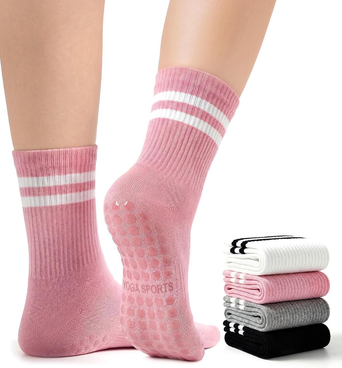 4 Pack Pilates Crew Grip Socks for Women Non Slip Sticky Grippers Yoga Barre Slipper for Hospital Maternity Elderly