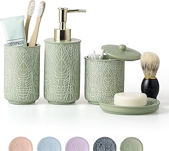 VIRTUNE Premium Pastel Green Bathroom Accessory Set, Boho Decor. Includes Toothbrush Holder, Soap Dispenser, Tumbler, Trash Can. Green Plastic, Painted Finish