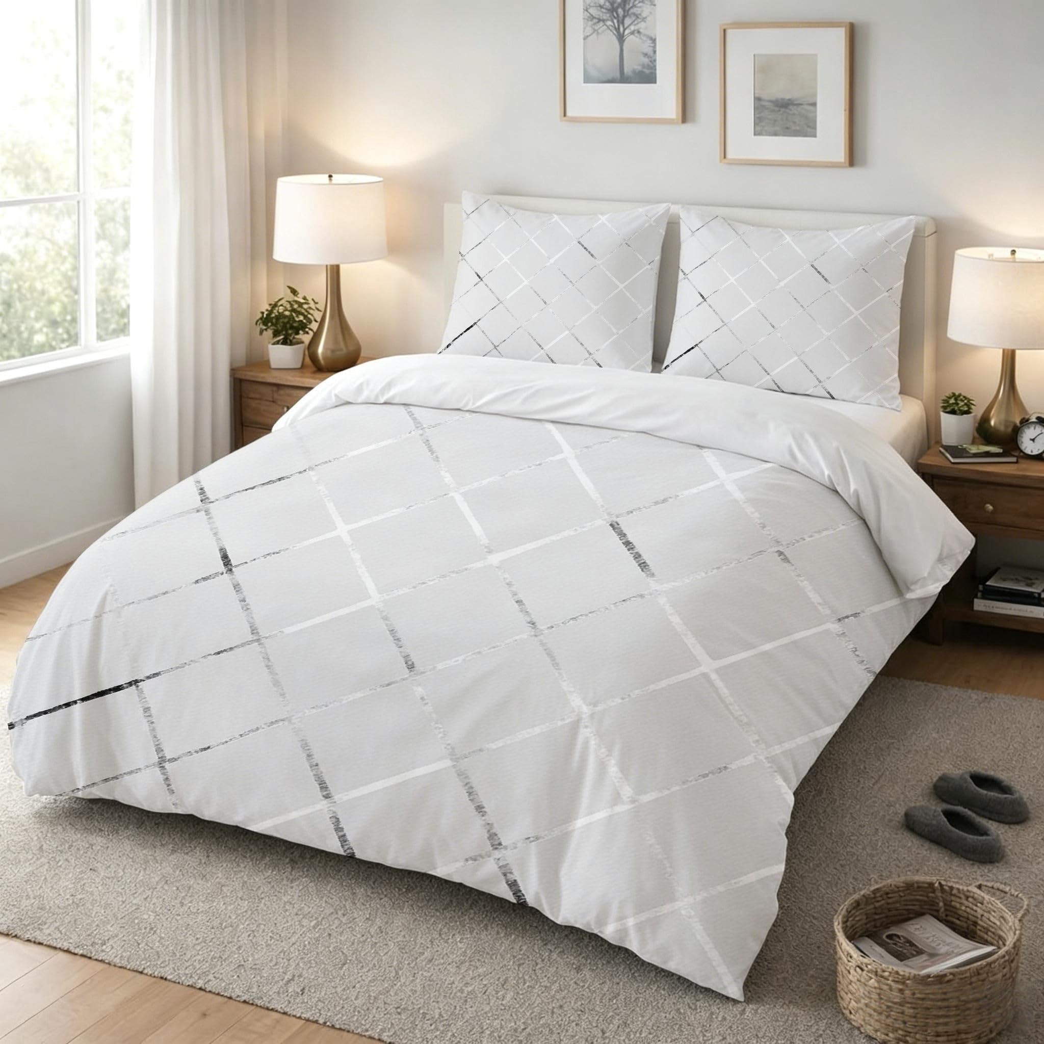 Copripiumino Matrimoniale Strisce Argentate 260x240, ZQ9054 | Traspiranti Durevoli Microfibra, per Tutta la Famiglia, Matrimoniale, per Tutte le Stagioni, con 2 Federe 50x80 cm