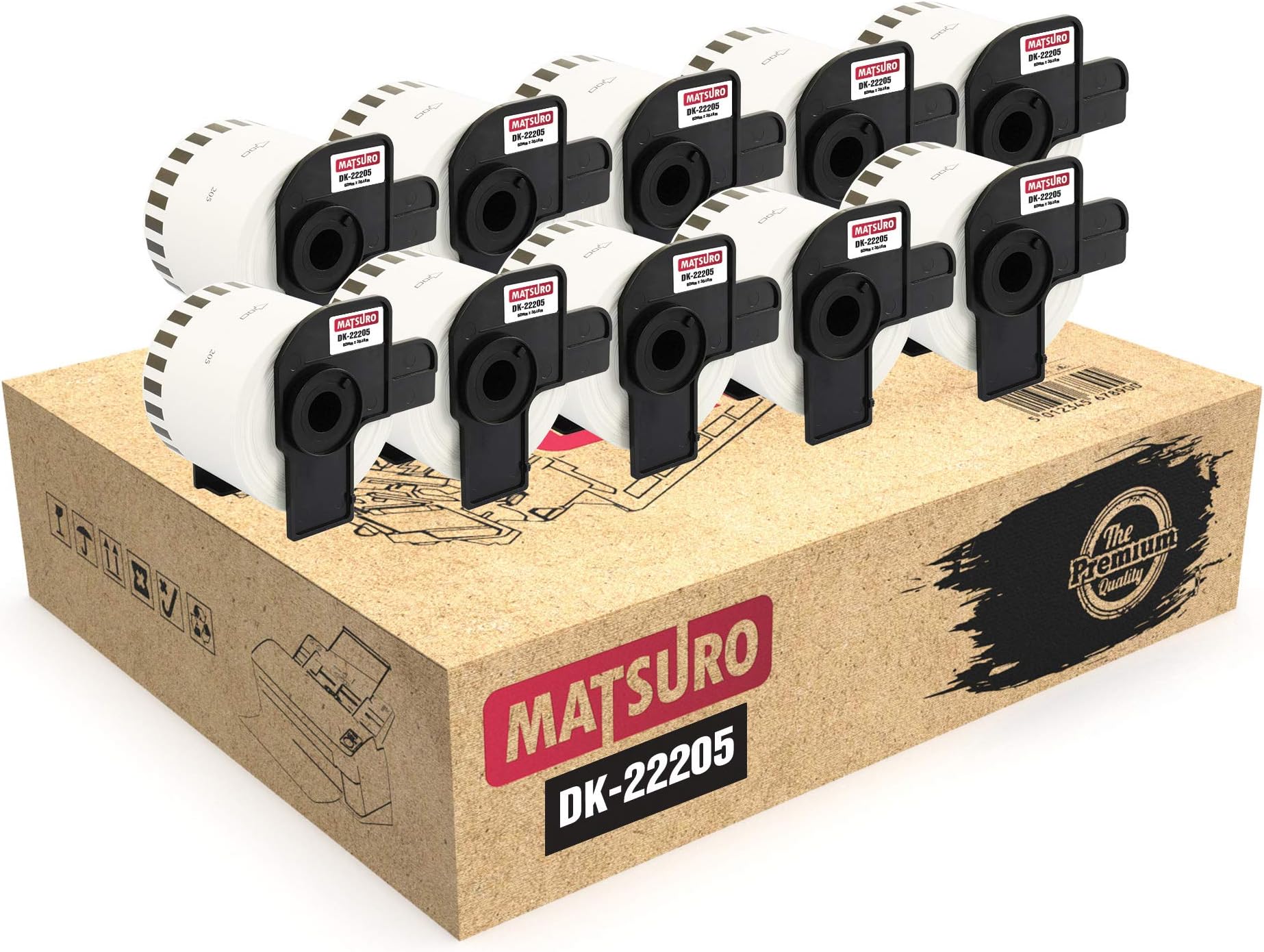 Matsuro Original | Compatible Label Rolls Replacement for Brother P-Touch DK-22205 DK22205 (62 mm x 30.48 m | Continuous | 10 Pack)