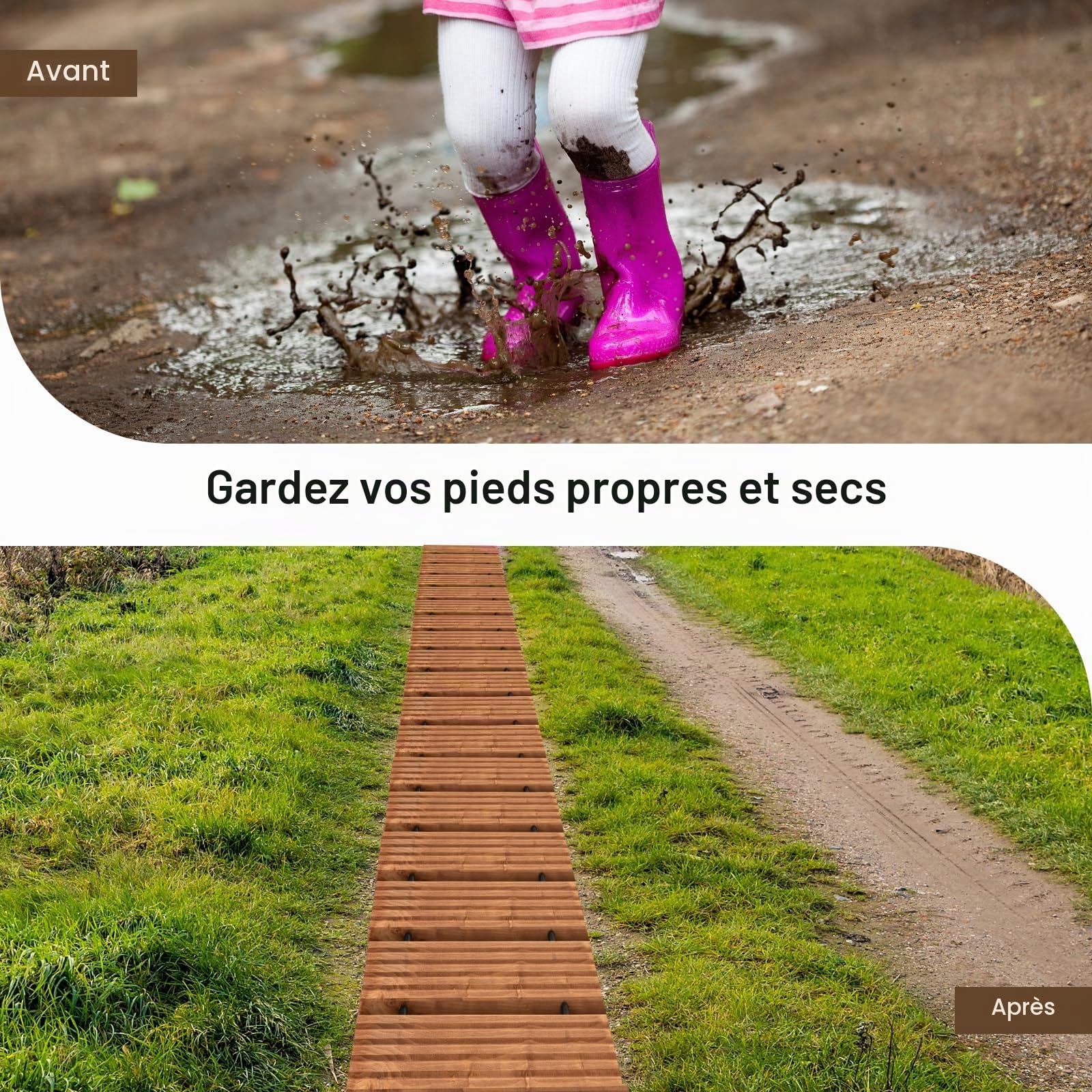 GOPLUS Allée de Jardin en Bois de 245CM, Passerelle Droite avec Fil d'acier Robuste et Motifs Antidérapants, Sol de Promenade Extérieure Enroulable pour Terrasse, Plage, Jardin, Cour (Largeur 55cm)