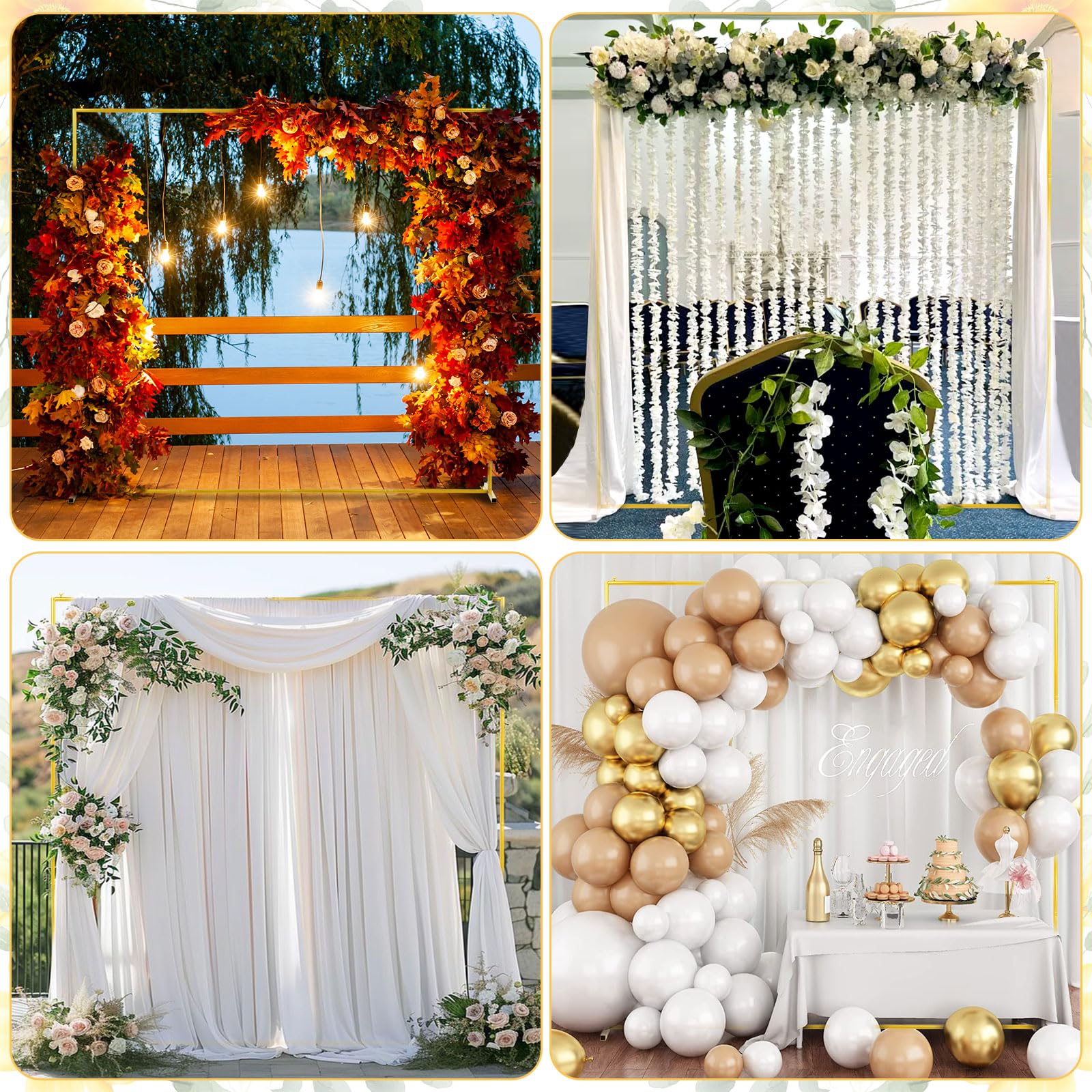 PlusFive Arco Quadrato per Matrimonio, 2 x 2m Supporto per Palloncini in Metallo, Arco per Palloncini Dorato Regolabile, Supporto da Terra in Metallo per Arco di Palloncini per Compleanno, Matrimonio