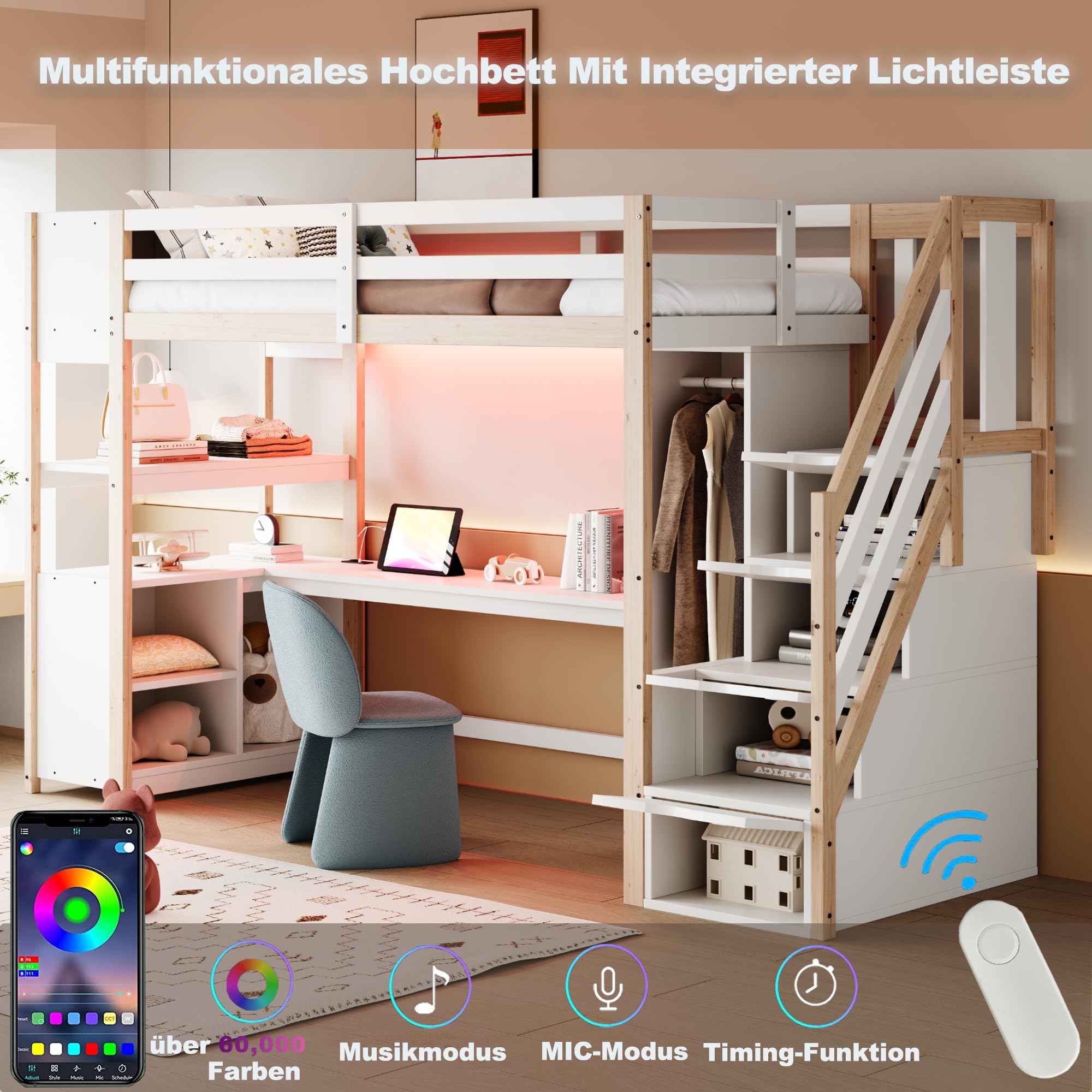 Merax Holz Hochbett 90 x 200 cm, mit Schreibtisch, Kleiderschrank, Treppe mit Stauraum, Regal und Ablagefach, Hochbett mit LED Lichtleiste und Steckdose, weiß & Holzfarbe (ohne Matratze)