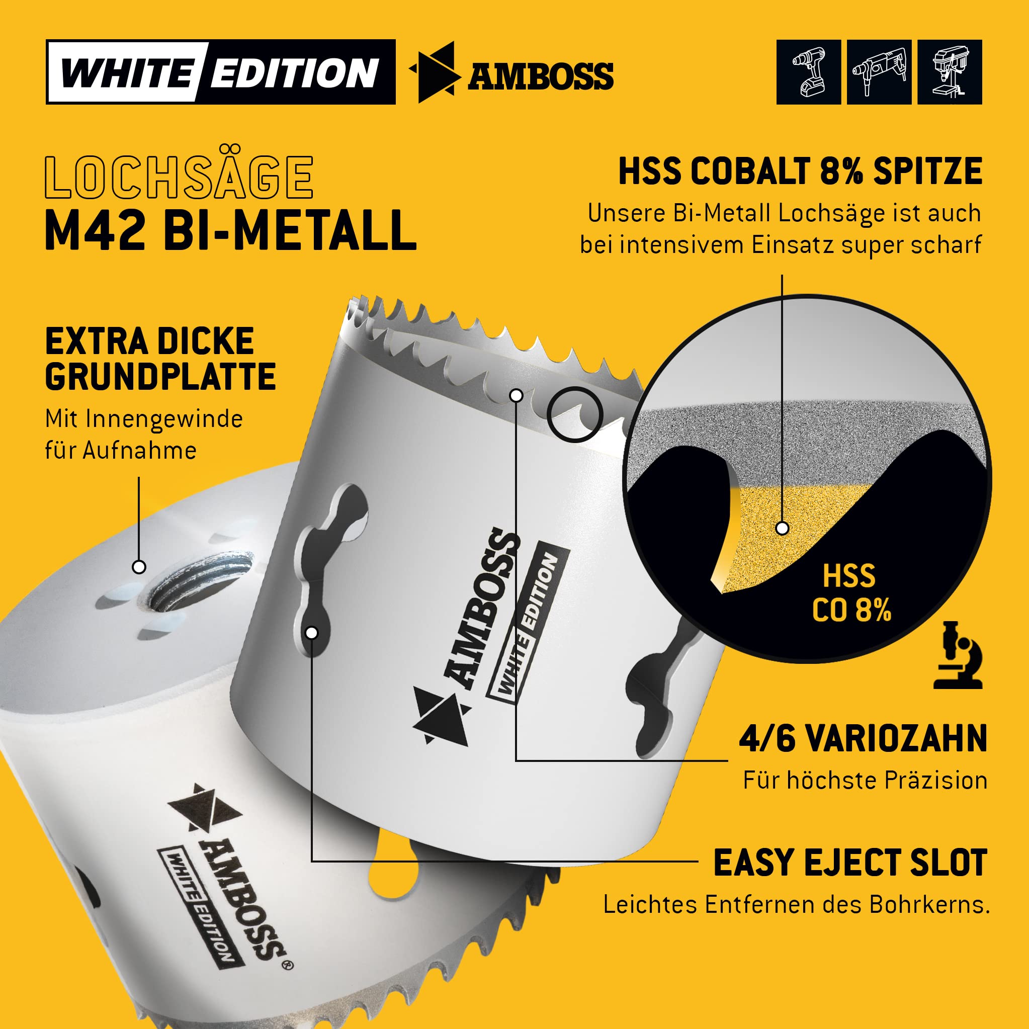 Amboss M 42 - Set di seghe a tazza bimetalliche, diametro 20-68 mm, 12 pezzi, per alluminio, acciaio, cartongesso, legno, ecc. White Edition 12