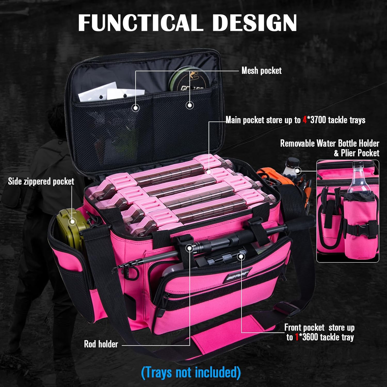 Goture Fishing Tackle Bag with 2pcs 3600 Tackle Boxes, 600D Water-Resistant Soft Side Saltwater Gear Storage Fishing Bag with Rod Straps, Detachable Water Bottle Pouch, Waterproof Bottom, SBS Zippers