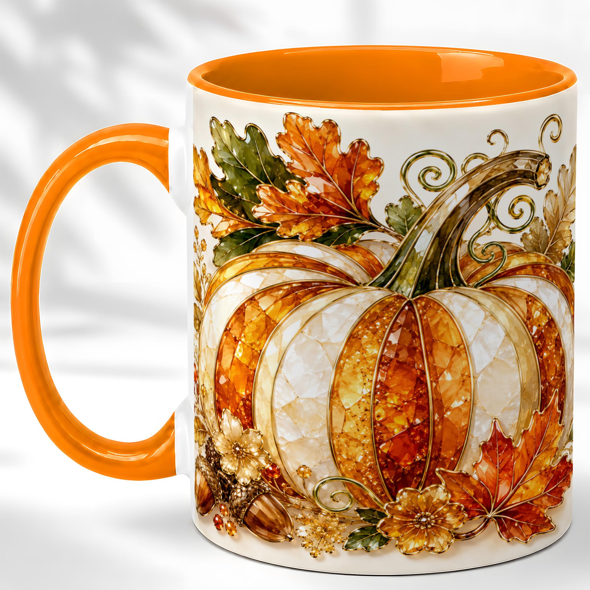 Striped Pumpkin Coffee Mug, Autumn Leaf Mug, Ceramic 11 oz