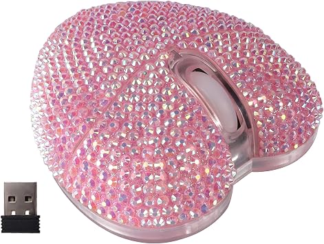 Wireless Mouse Bluetooth Cute Bling Diamond-Encrusted Pink Heart Shape Computer Mice with LED Light 1000DPI 2.4GHz & Bluetooth Dual Mode Rechargeable USB Cordless Mouse for Laptop PC Desktop Gift