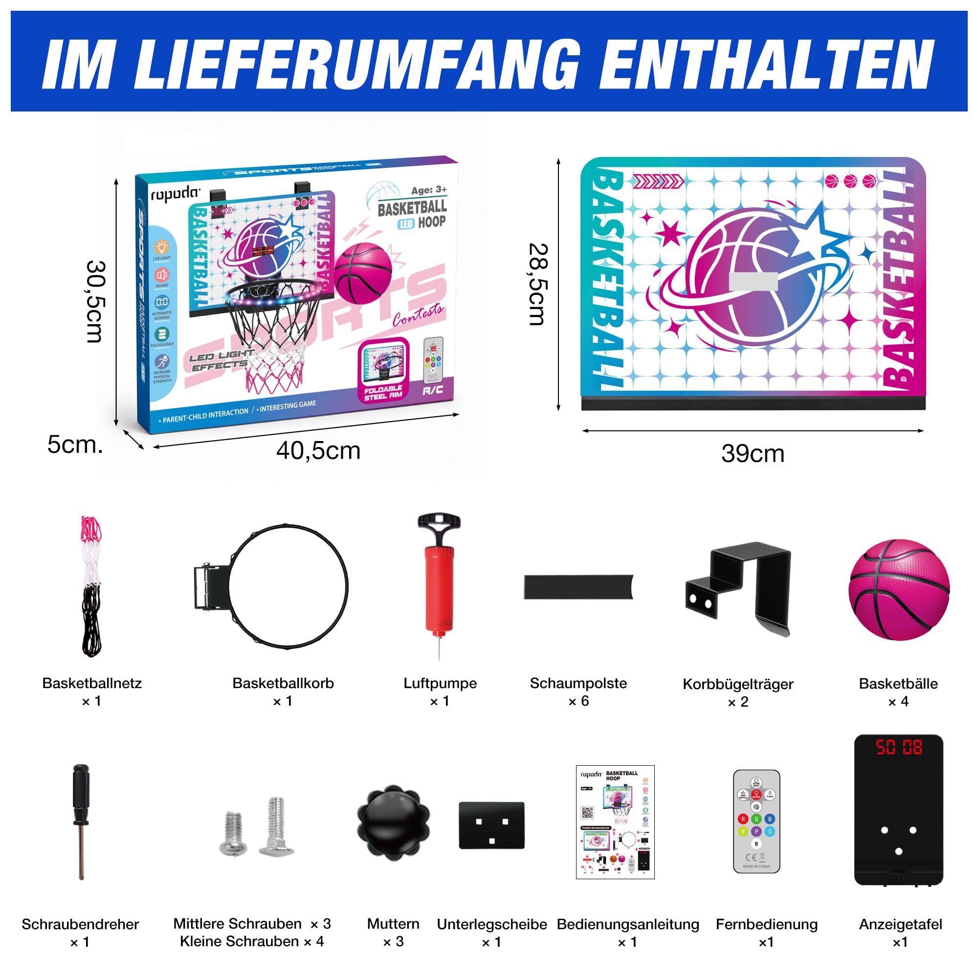 ROPODA Basketballkorb Indoor für Kinder, Mini Basketballkorb mit LED-Licht, Fernbedienung & Anzeigetafel, Basketball Korb Basketballspielzeug für Jungen Mädchen Jugendliche ab 3 Jahren
