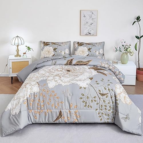 Miniatura 2 de PERFEMET Juego de edredón floral tamaño King, juego de ropa de cama de 3 piezas de mariposa botánica, patrón de flores blancas y hojas doradas