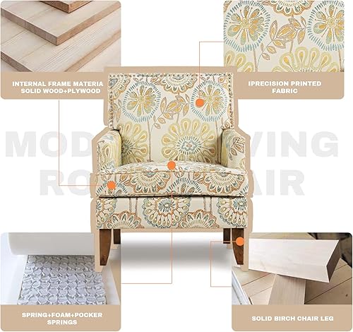 Miniatura 7 de Vaztrlus Accent Chairs Living Room Floral Print Fabric Club Chair Tufted Wingback Chair Reading Arm Reading Chairs for Bedroom Comfy(Beige Yellow)