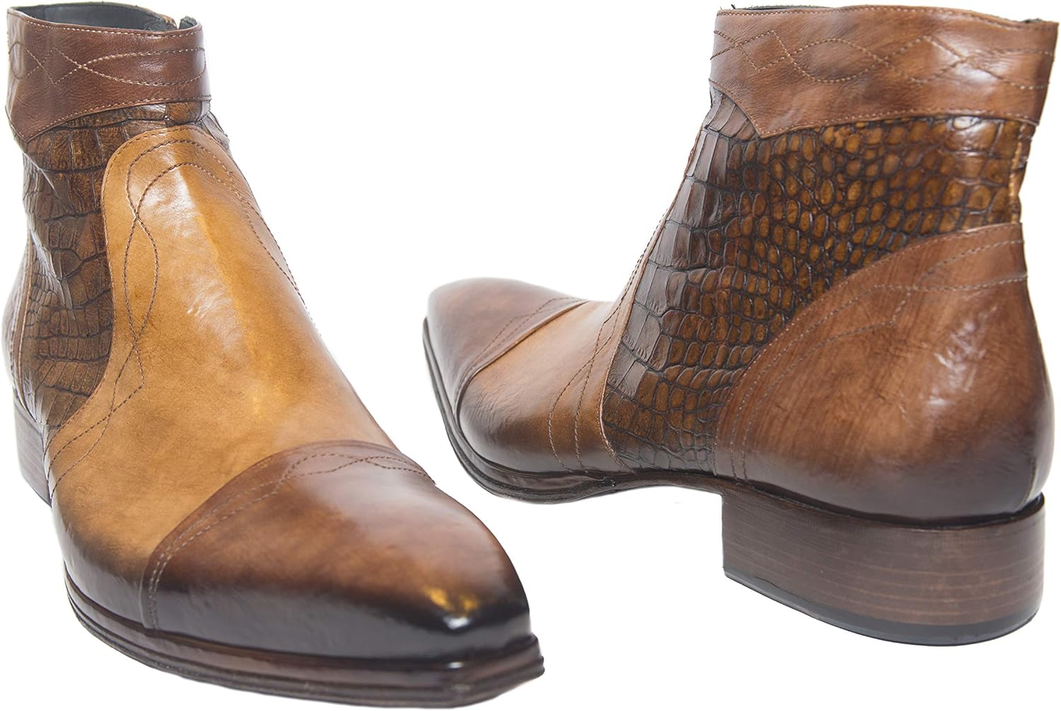 Jo Ghost 1685 Italian mens combination of 2 brown leather crocodile print ankle boots