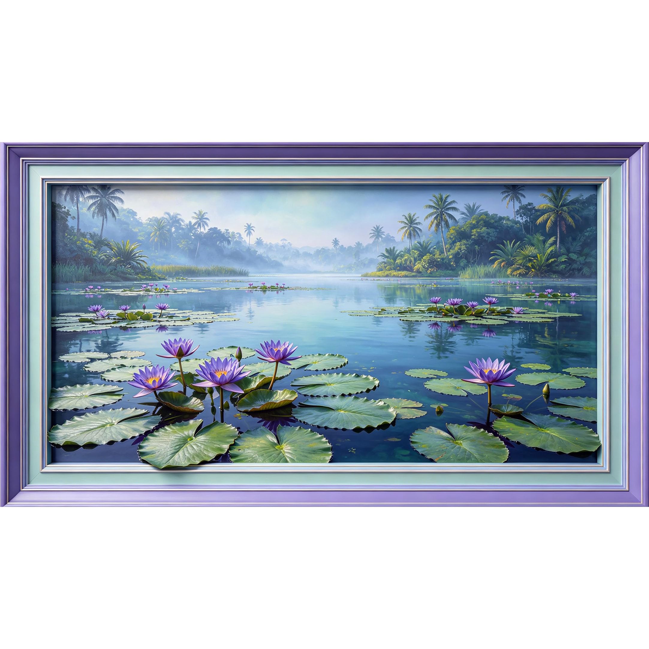 QZLITHOTIC 50×90cm3D Framed Wall Art， Tropical Lotus Pond Landscape Self?Adhesive Mural， Water?Activated Peel & Stick Fabric Decor Wall Decal for Bedroom Living Room