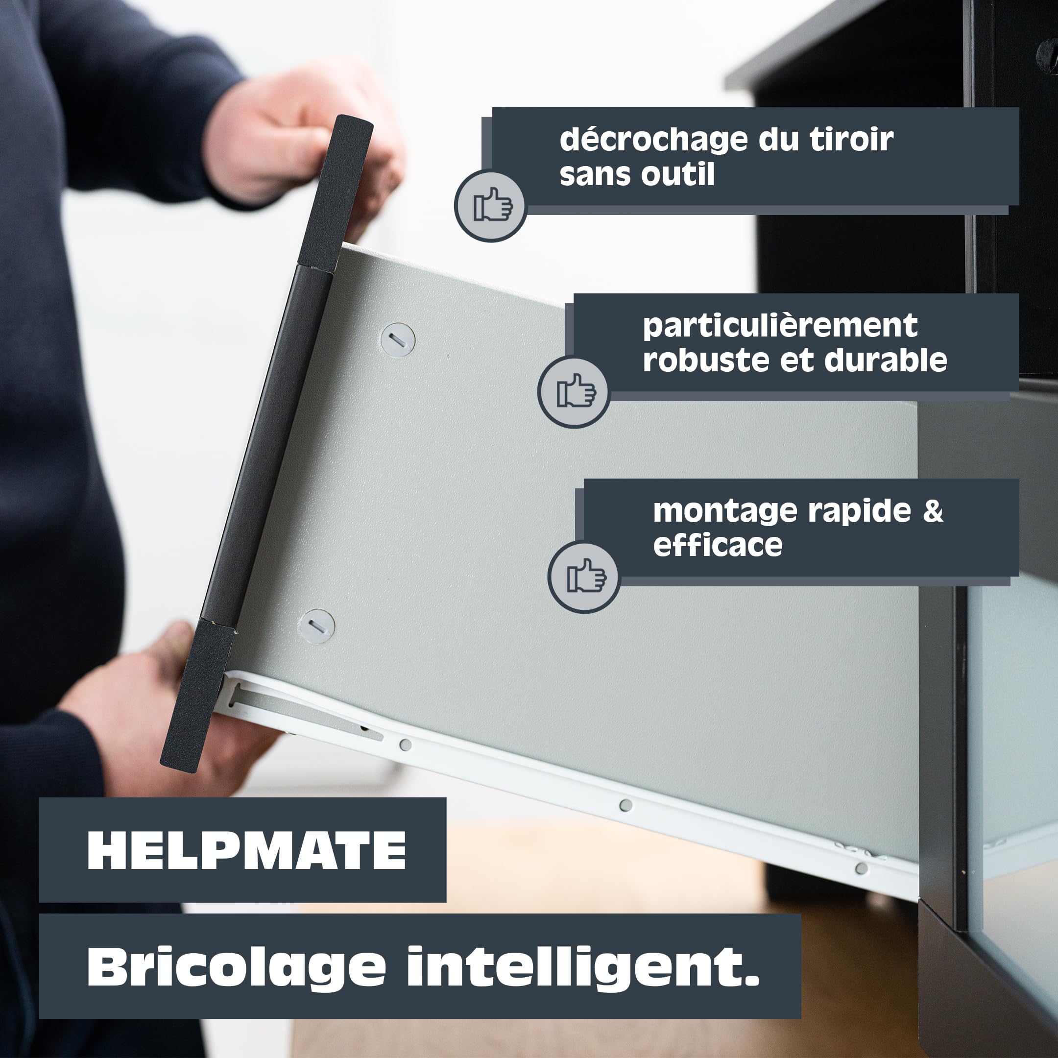 HELPMATE – Glissières de tiroir télescopiques à roulettes 500 mm – Extension partielle – Lot de 2 paires (4 glissières) – Système de glissières pour tiroirs – Blanc