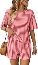 crazy bean Conjunto Chándale Mujer Verano 2 Piezas Casual Pantalones Cortos y Top Camiseta Manga Corta Camiseta Manga Corta a Rayas Cuello Redondo Deportivo