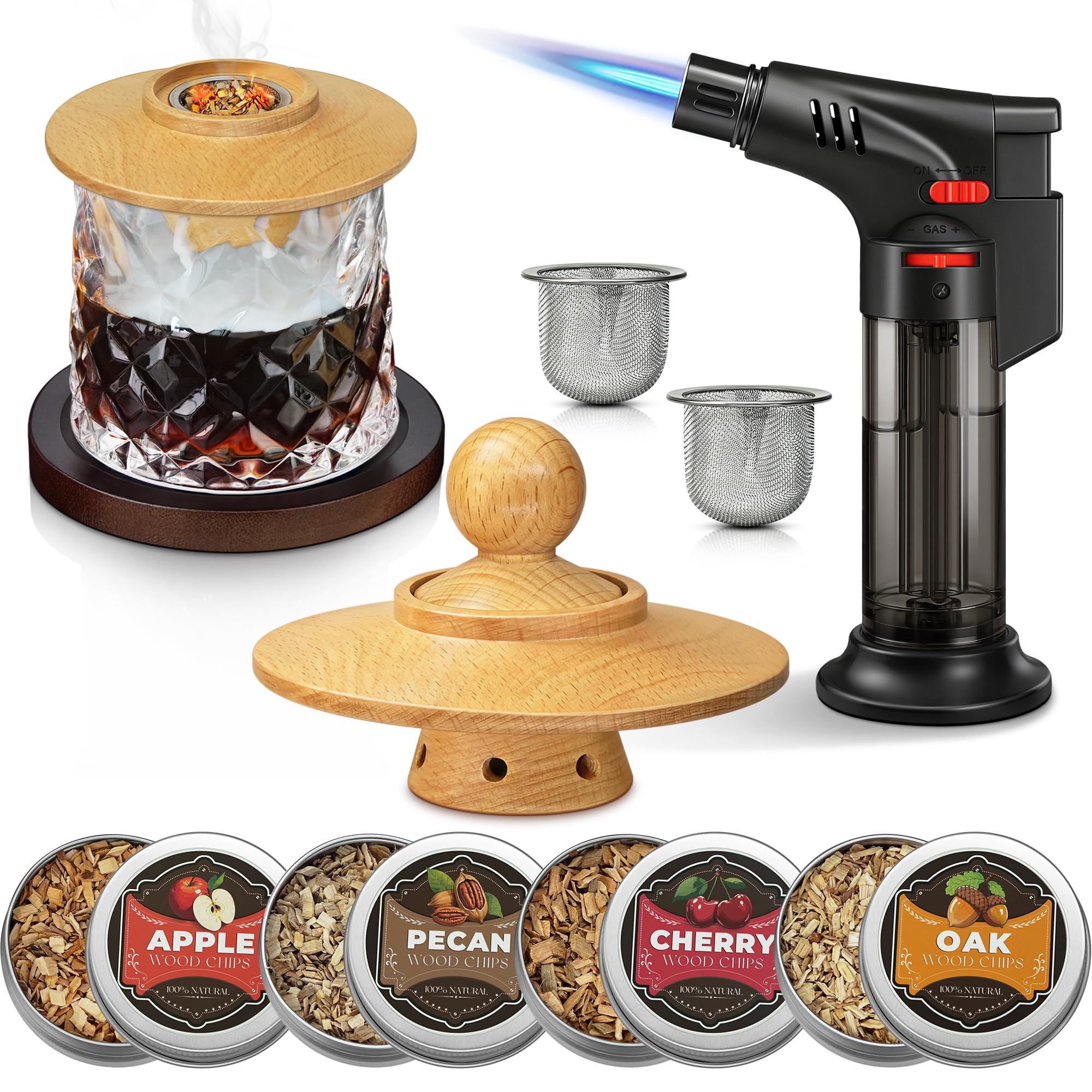 Whisky Räucher Set komplett mit Brenner und Holz-4 Geschmacksrichtungen, Cocktail Räucher Set mit Flambierbrenner, Whisky Geschenk für Männer (Feuergerät ohne Gasbutan)