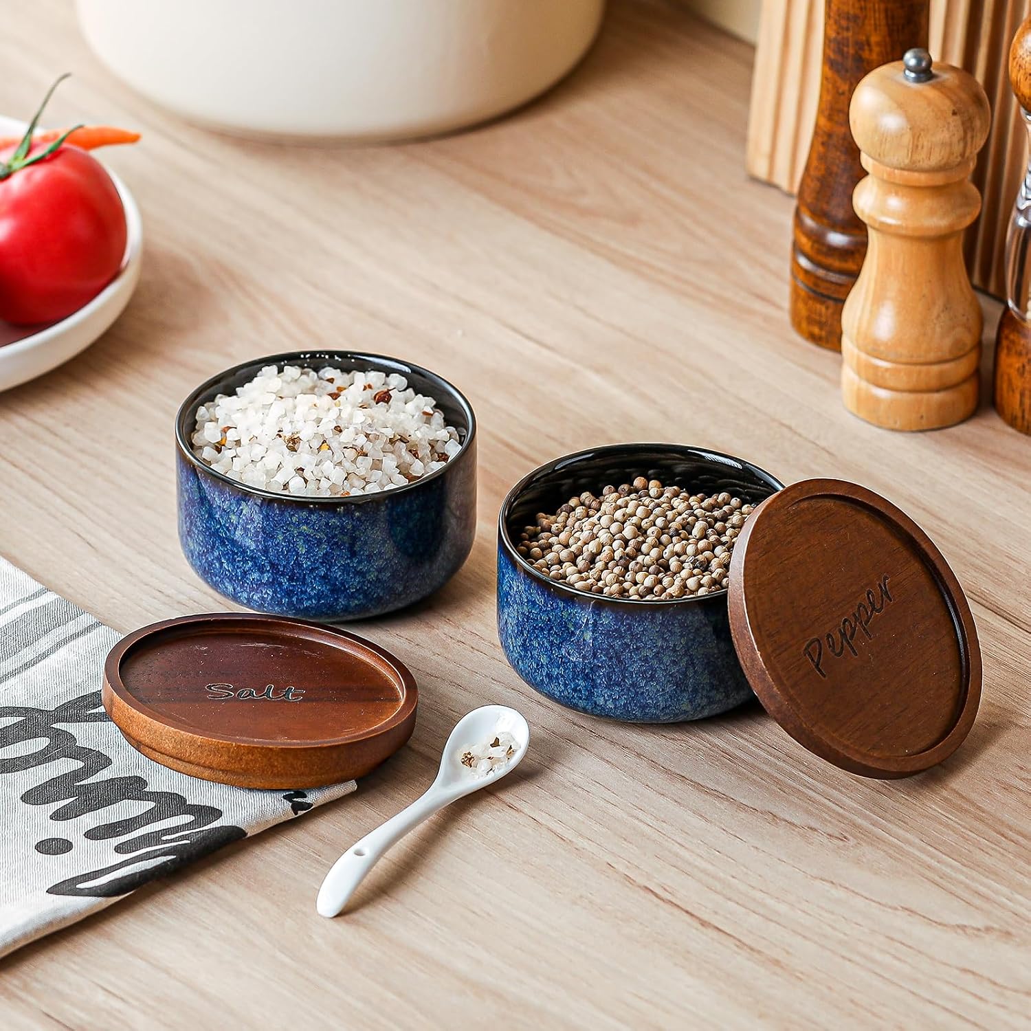 Ceramic Salt and Pepper Bowls: 9 oz Stackable Spice Cellars with Wooden Lids - Stacked Seasoning Storage Containers for Countertop Stovetop - Blue
