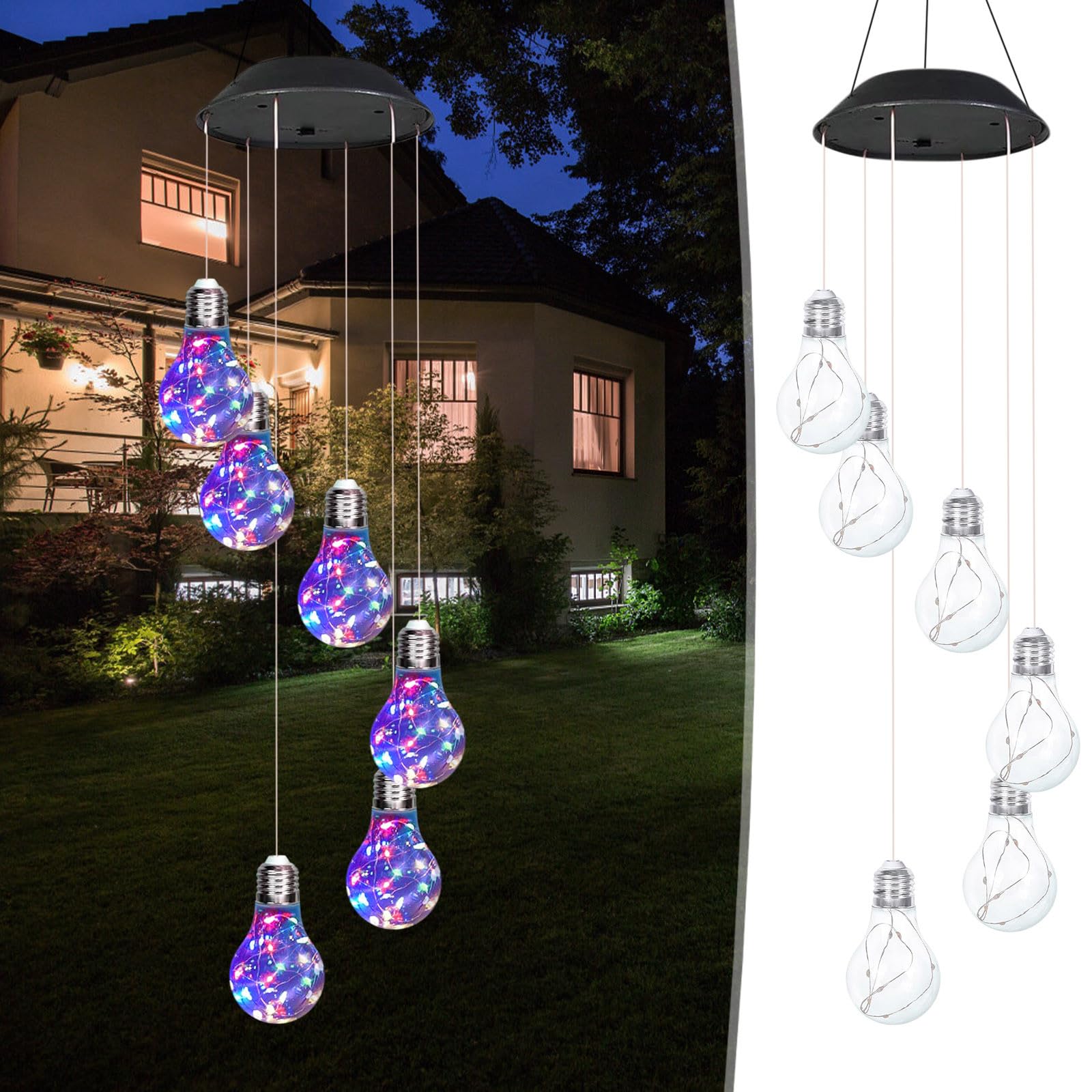 Colorful LED Solar Wind Chimes 21.6inch Light Bulb Shape Mobile Hanging Wind Chime Outdoor Waterproof Decorative Solar Powered Lights for Porch Deck