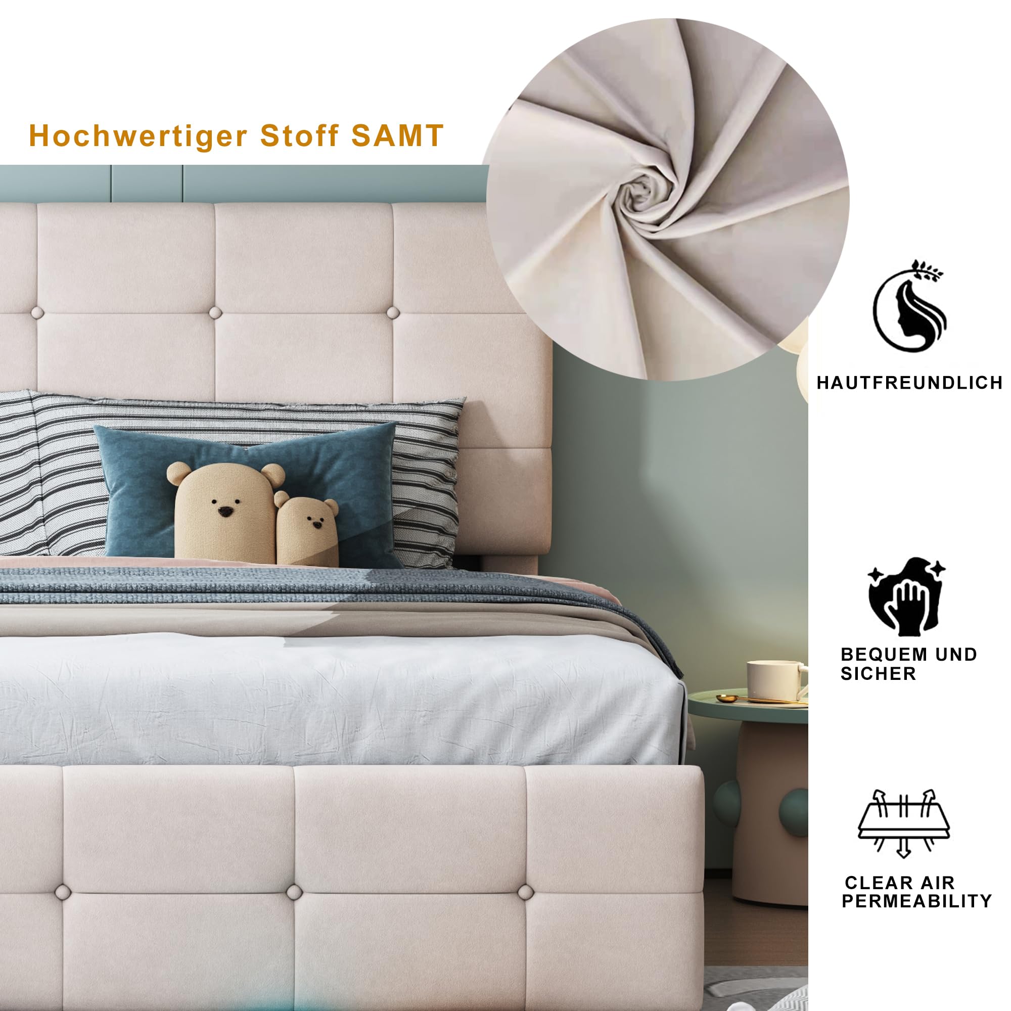 Kayan Letto a molle, 180 x 200 cm, con cassettone, letto matrimoniale imbottito con rete a doghe, telaio con vano portaoggetti, per camera da letto, letto funzionale, tessuto in velluto, senza