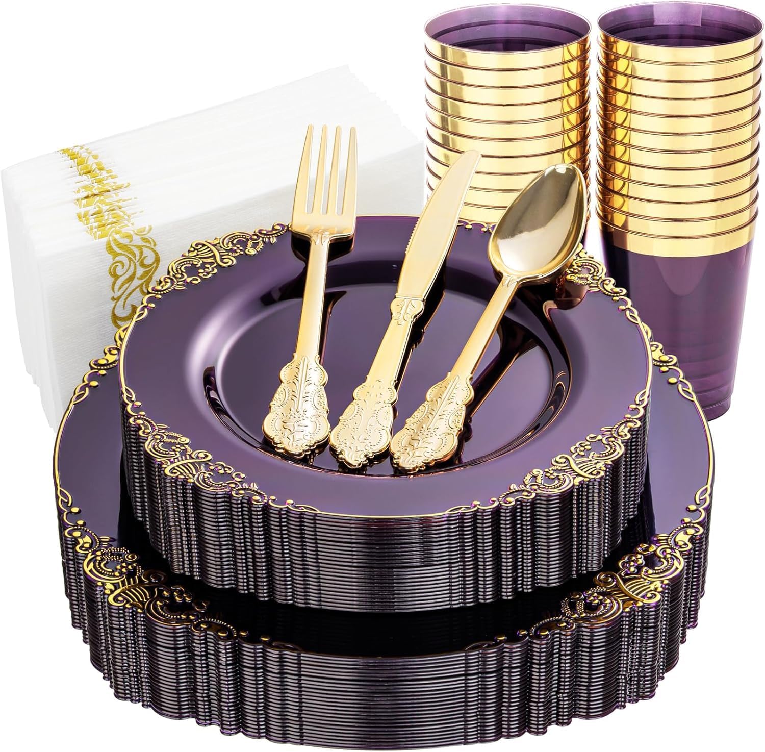 - Nervure 175Pcs Clear Purple Plastic Plates, Dinnerware Set for 25 Guests | 25 7.5" Dessert & 25 10.25" Dinner Disposable Plates, 75 Silverware, 25 10oz Cups, 25 Napkins for Wedding & Party, BPA-free